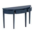 Distinctive Features Of Pine Veneer Console Table With Vertical Stripe Drawer Fronts And Four Legs Navy Blue Primary Living Space Minimalist Mdf