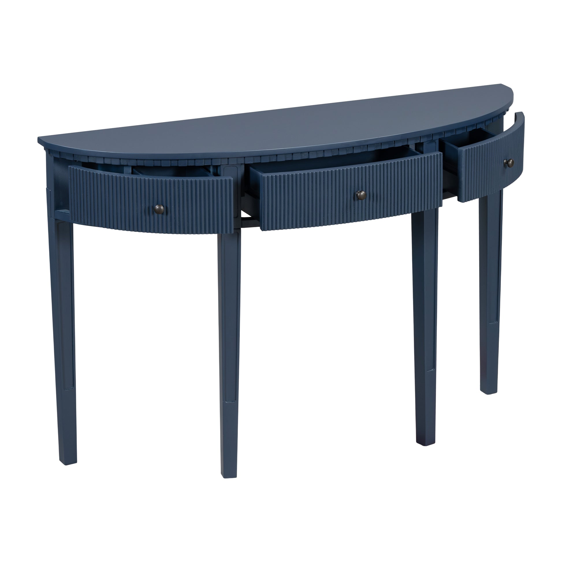 Distinctive Features Of Pine Veneer Console Table With Vertical Stripe Drawer Fronts And Four Legs Navy Blue Primary Living Space Minimalist Mdf