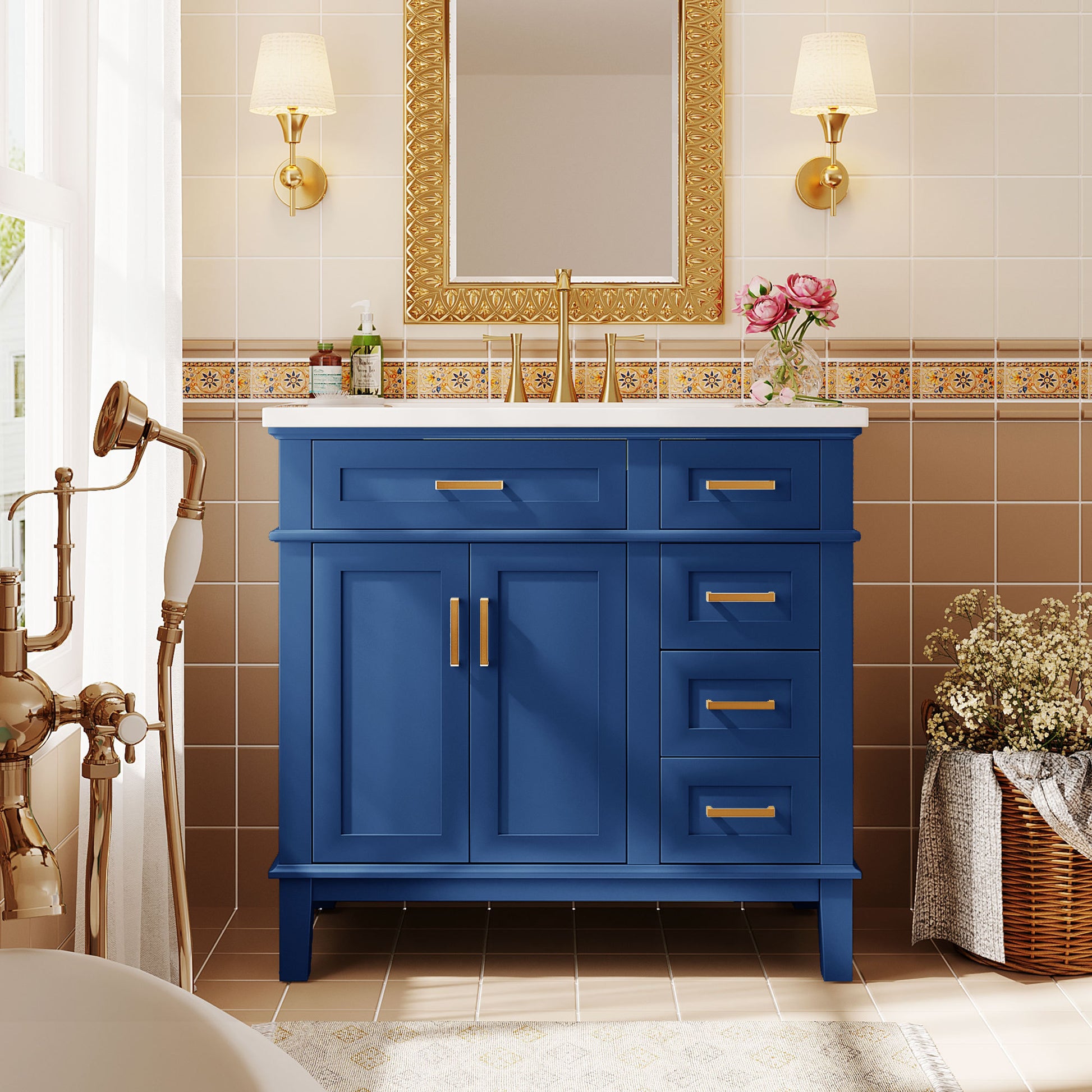 36 Inch Bathroom Vanity With Resin Sink, Modern Bathroom Cabinet In Blue, Featuring Two Soft Close Doors And Four Drawers Blue Bathroom Solid Wood Mdf Resin