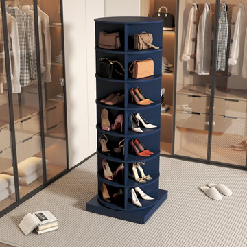 Blue 360 Rotating Shoe Cabinet 7 Layers Round 5 Or More Spaces Natural Navy Blue Adjustable Shelves Primary Living Space American Design,American Traditional Melamine