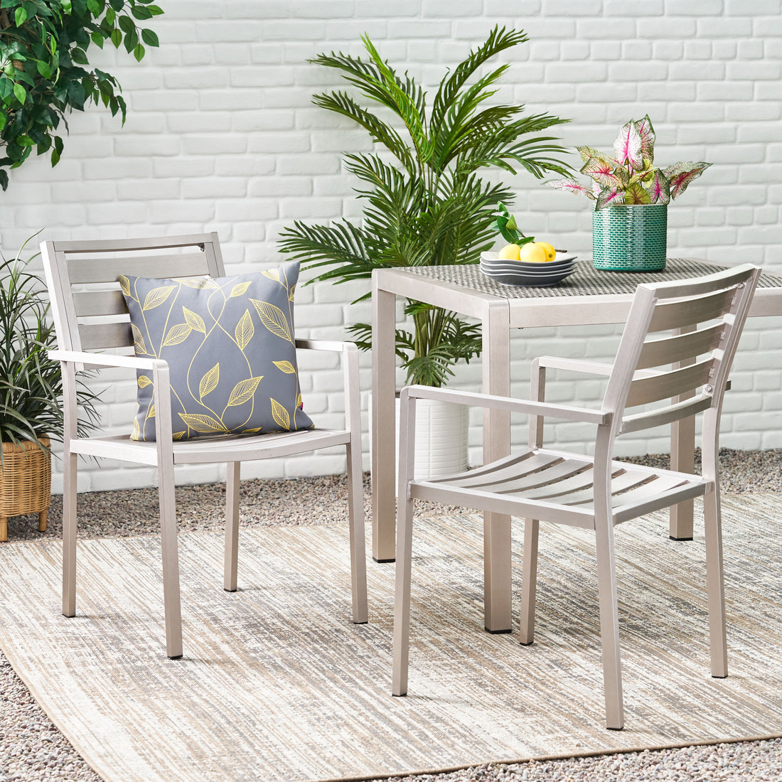 Outdoor Modern Aluminum Dining Chair, Silver Set Of 2 Silver Aluminium