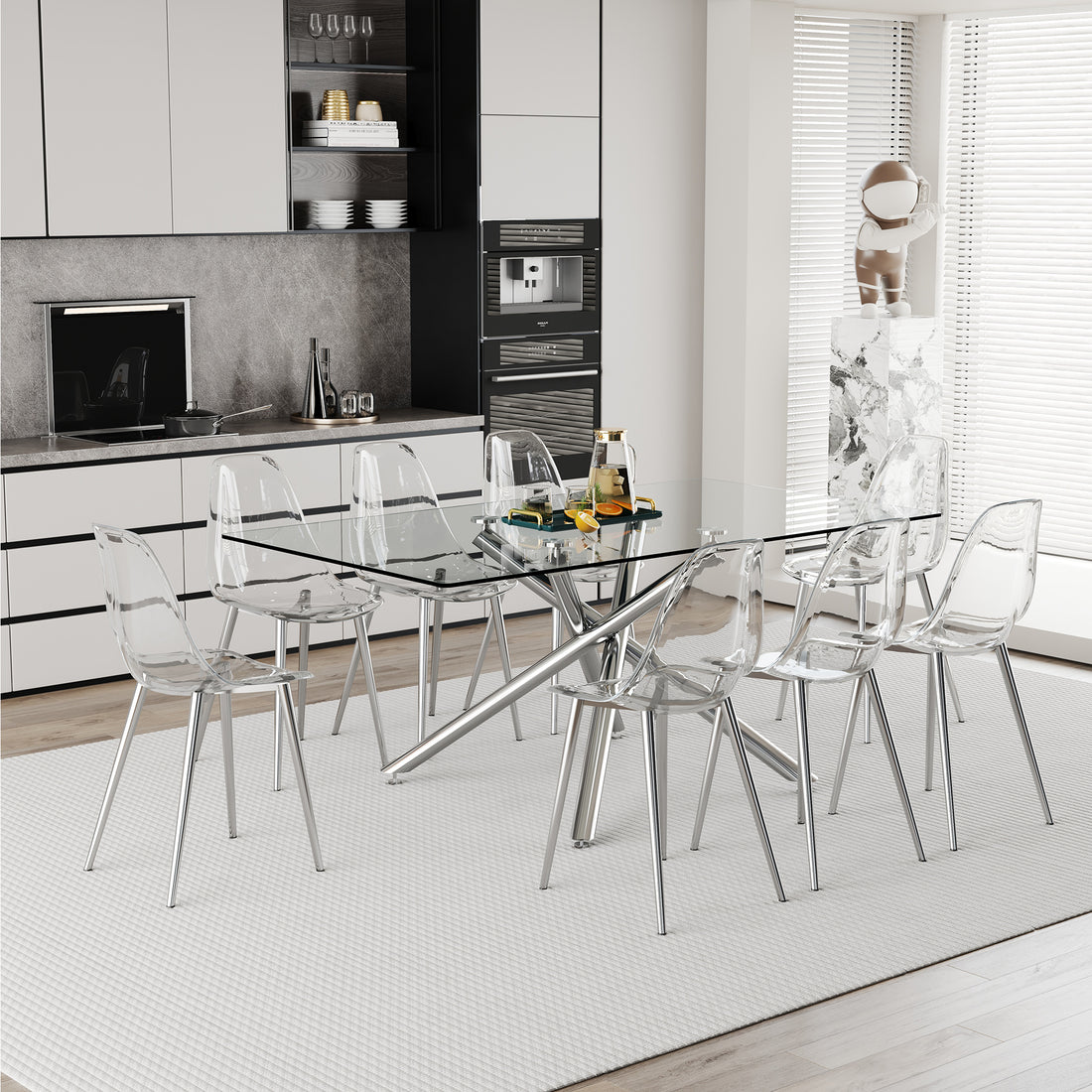 Table And Chair Set.Modern Luxurious Transparent Tempered Glass Dining Table Set With Transparent Pp Chairs.8 Transparent High Quality Pp Dining Chairs With Silver Legs. Transparent Seats 8 Glass