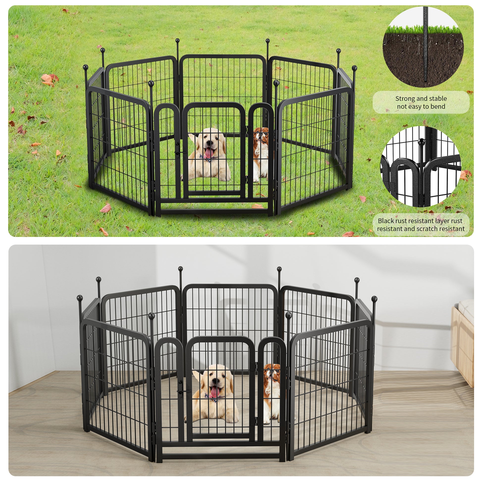 Dog Playpen 8 Panels 24" Height Heavy Duty Dog Fence Puppy Pen For Large Medium Small Dogs Indoor Outdoor Foldable Pet Exercise Pen Black Iron