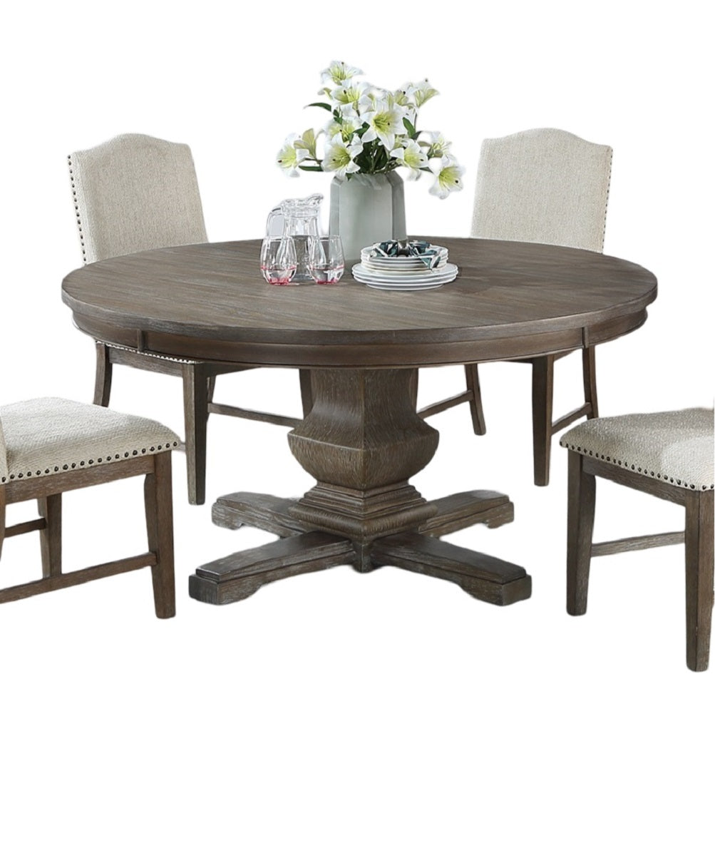 Traditional Formal 5Pc Dining Set Round Table 4X Side Chairs Pedestal Base Oak Finish Tabletrim Upholstered Cushion Dining Room Furniture Wood Dining Room Solid Wood Rubberwood Round Dining Table With Chair Upholstered Chair Wood Oak Seats 4 60 Inches