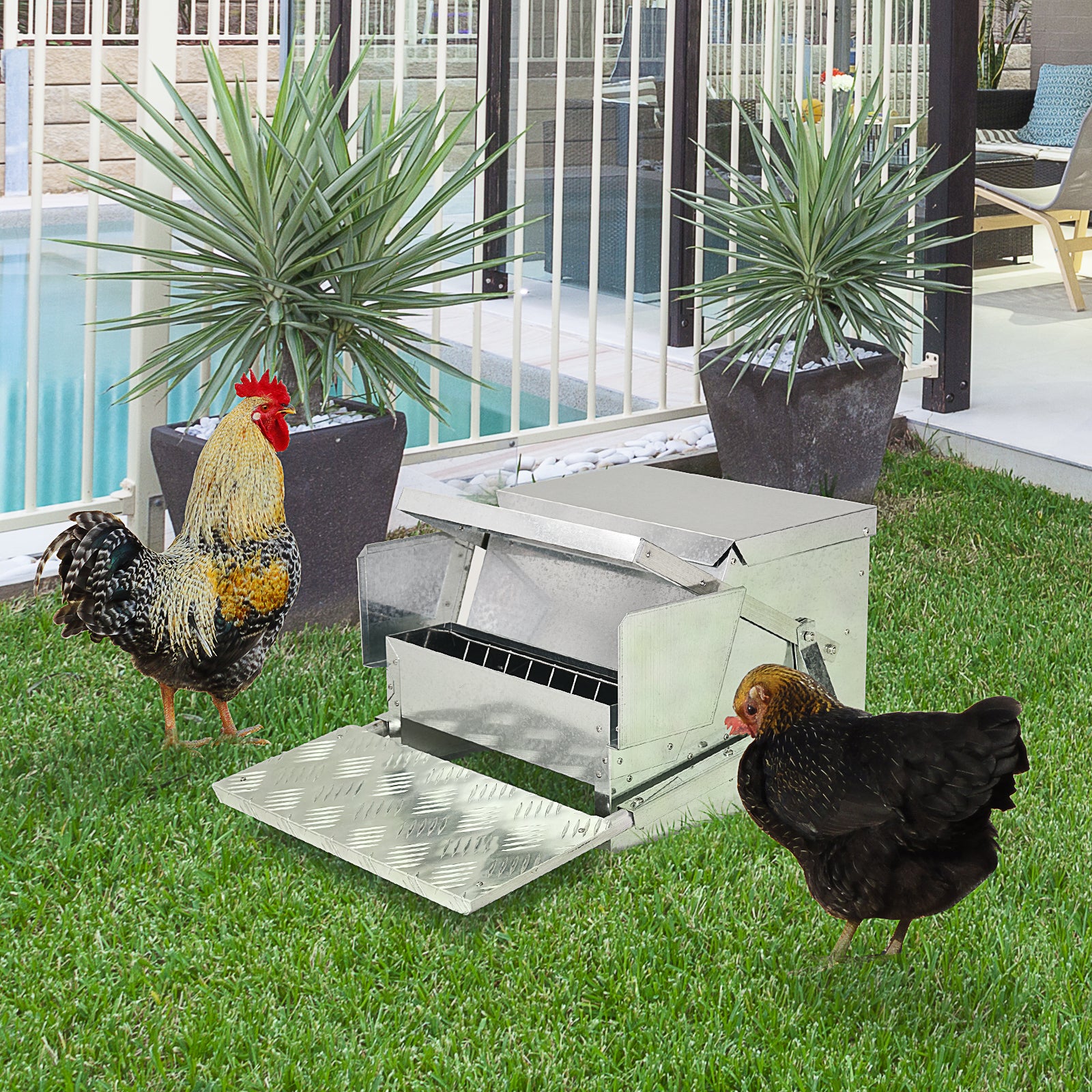 Pawhut 30 Lbs Capacity Automatic Chicken Poultry Feeder With A Galvanized Steel And Aluminium Build, Weatherproof Design Silver Aluminum