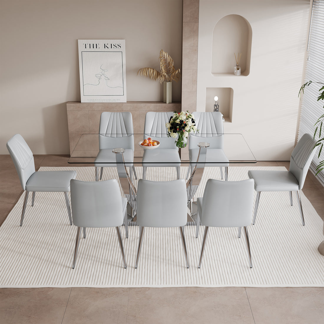 Table And Chair Set.Contemporary, Minimalist Rectangular Dining Table Featuring A Clear Tempered Glass Top And Sleek Silver Legs. Paried With Chairs Made Of Pu Material Cushion And Silver Metal Legs. Light Gray Seats 8 Glass Metal