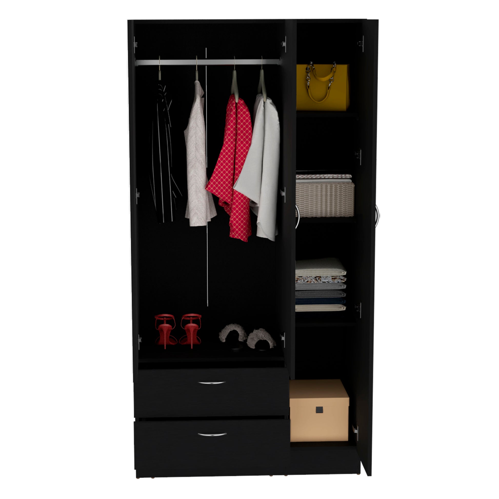 Riverside 3 Door Mirrored Armoire With Two Drawers, Four Shelves, And Hanging Rod Black Black Bedroom Particle Board