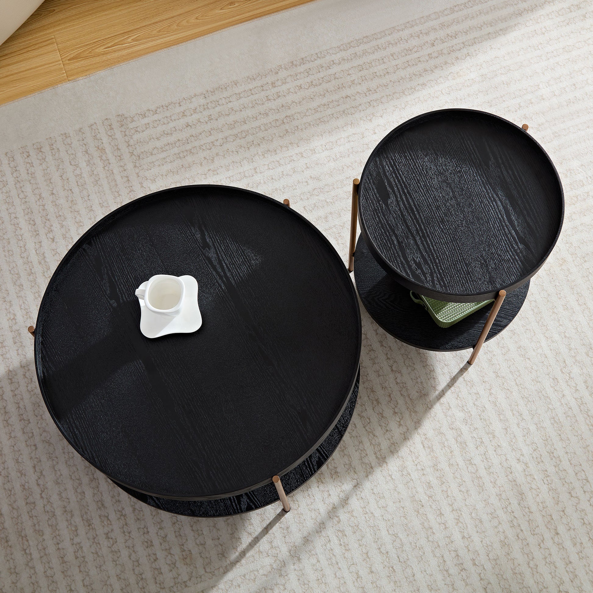 2 Piece Modern 2 Tier Round Coffee Table Set For Living Room,Easy Assembly Nesting Coffee Tables, End Side Tables For Bedroom Office Balcony Yard,Black Mdf Matt Black Mdf Metal