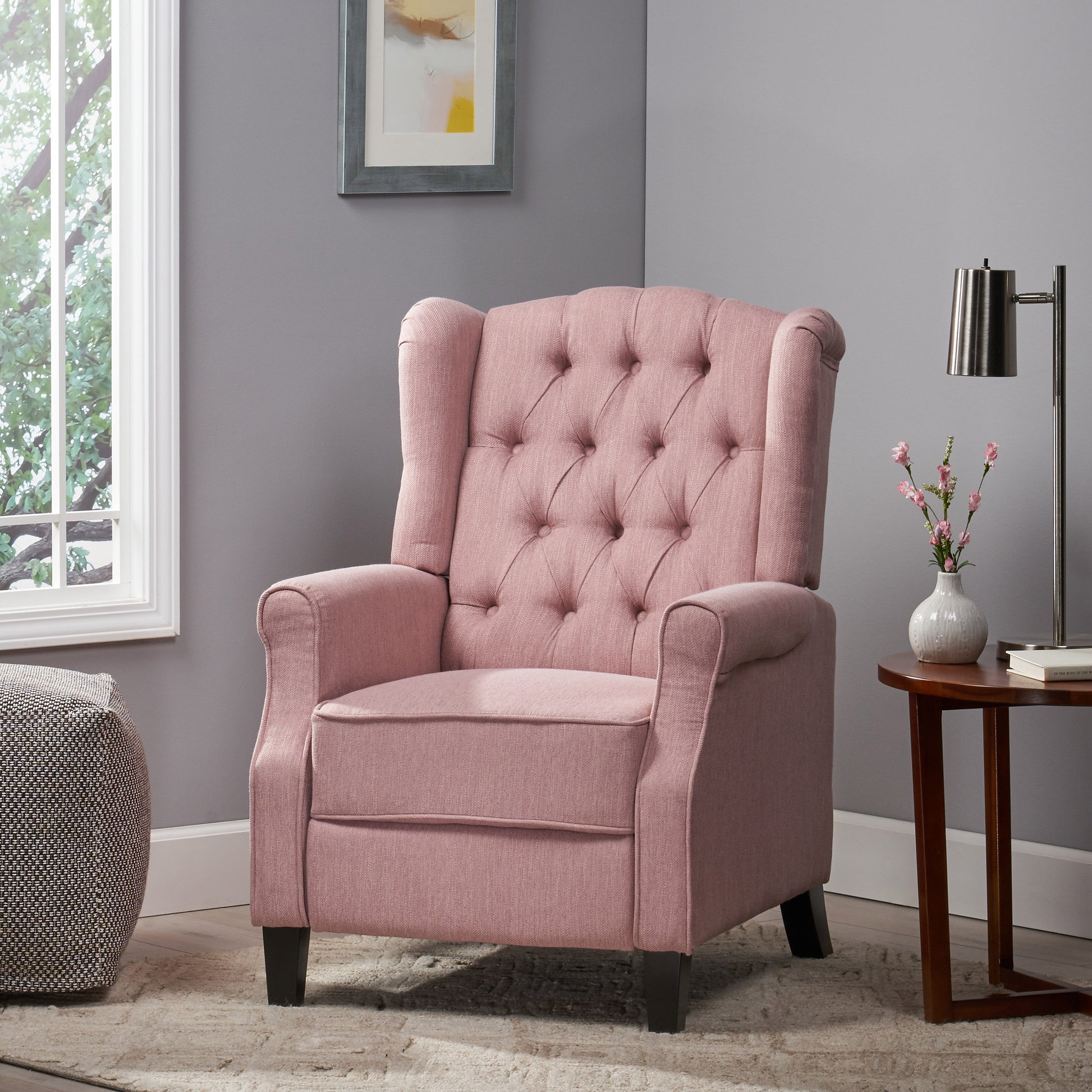 28" Wide Manual Wing Chair Recliner Light Pink Fabric