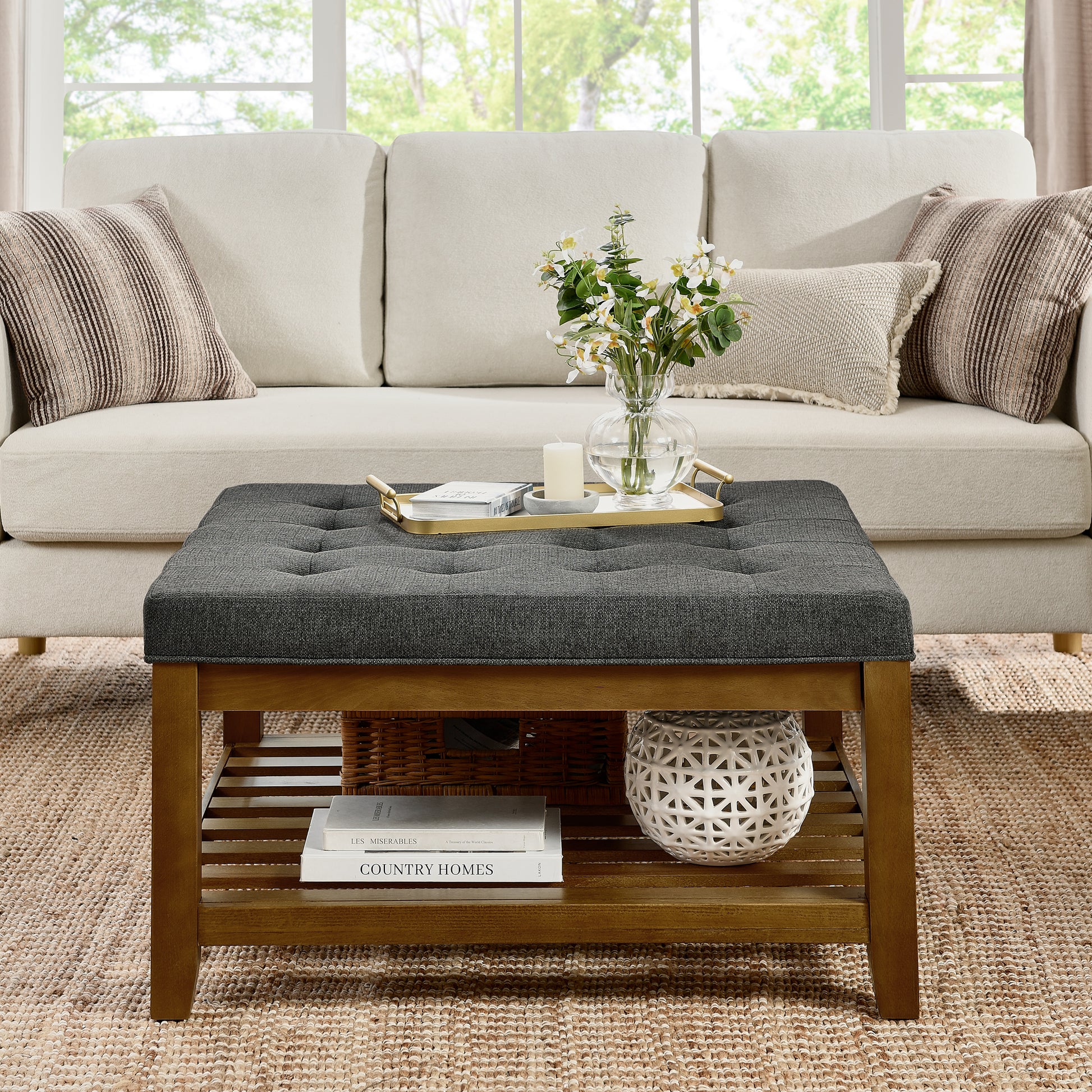 Upholstered Coffee Table Tufted Linen Large Square Ottoman With Beech Wood Shelf And Frame, Oversized Footrest Ottoman For Living Room, Dark Gray Light Brown Wood Primary Living Space Grey Medium Duty Beech Wood Dark Gray Linen Or Linen Blend Backless