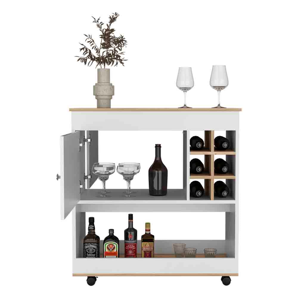 37" H Light Oak White Bar Coffee Cart, Kitchen Or Living Room Cabinet, With 4 Wheels, Central Storage With 2 Doors, Division For 6 Bottles And A Shelf With A Wooden Front On The Bottom. Multicolor