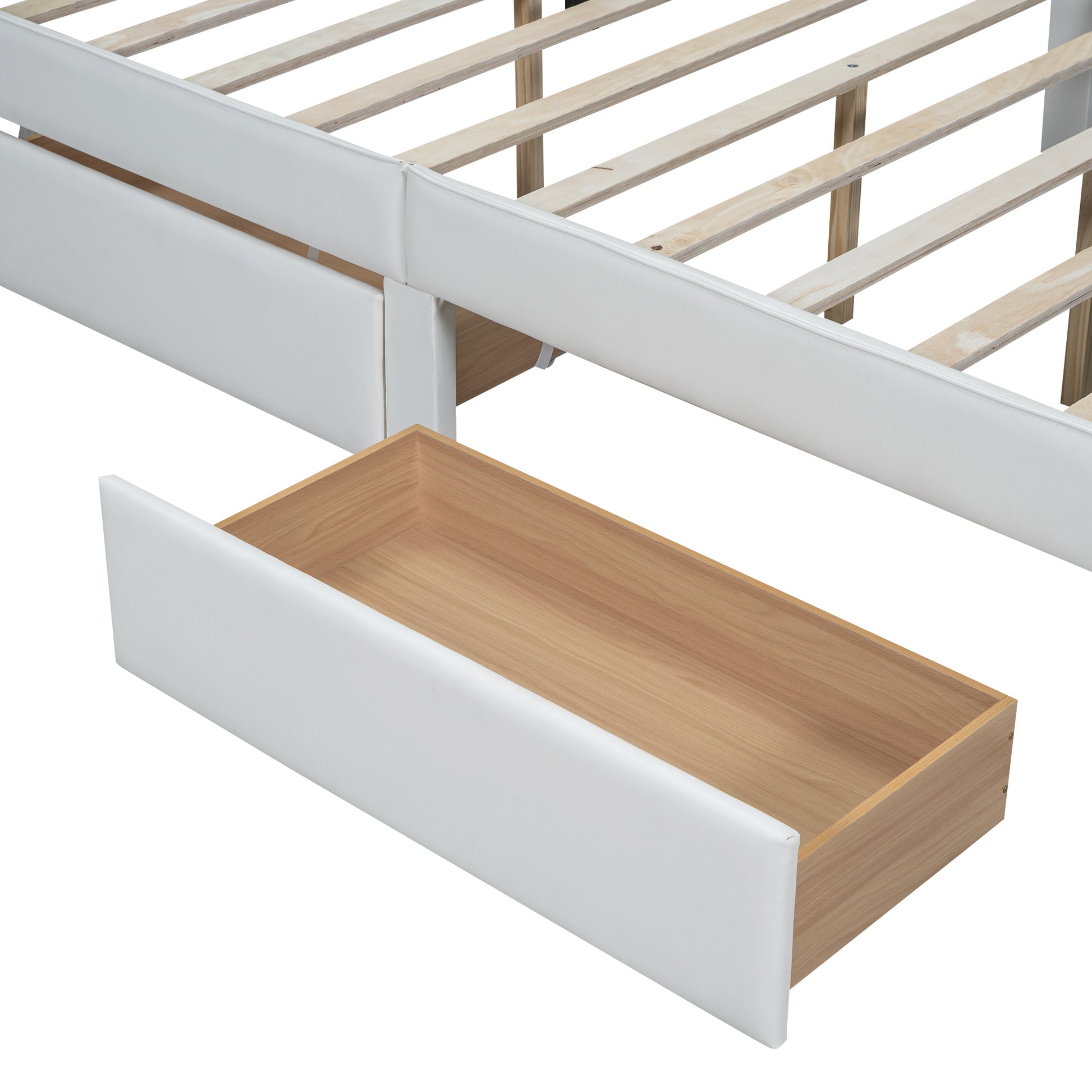 Full Size Upholstered Platform Bed With Cartoon Ears Shaped Headboard And 2 Drawers, White Box Spring Not Required Full White Wood Bedroom Bed Frame Faux Leather Upholstered