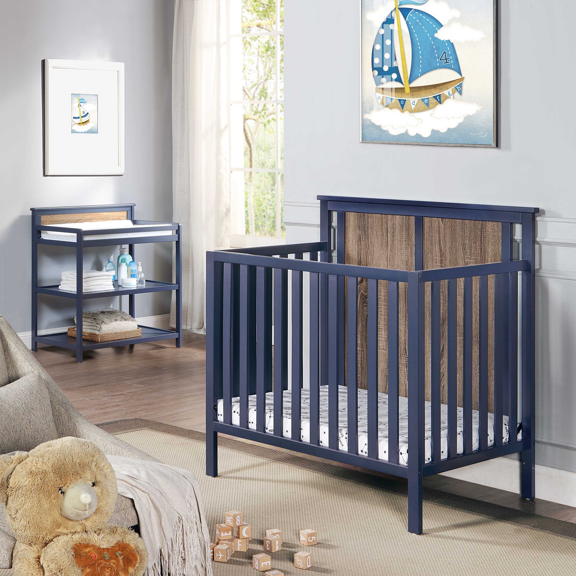 Connelly Mini Crib With Mattress Pad Midnight Blue Vintage Walnut Blue Brown Wood