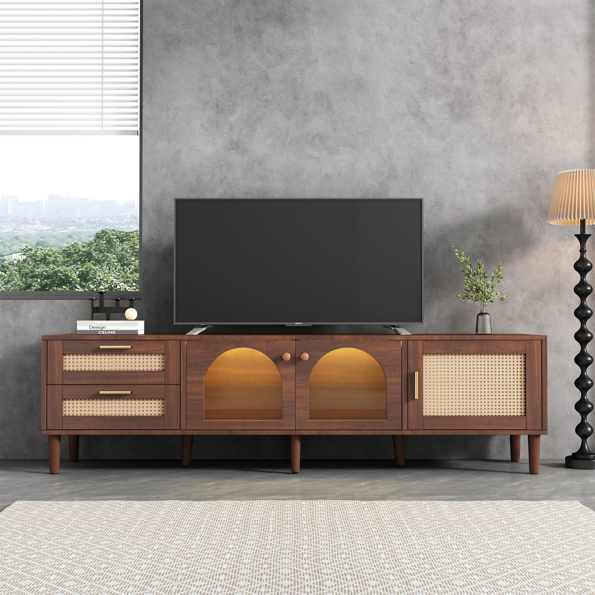 Rattan Tv Stand With 3 Cabinets & 2 Drawers, Rattan Inspired Media Console Table For Tvs Up To 80'', Led Light Entertainment Center, Tv Cabinet For Living Room, Bedroom, Home Theatre Dark Brown