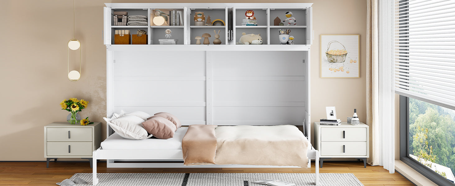 Queen Size Murphy Bed Wall Bed With Top Cabinets,White Queen White Plywood