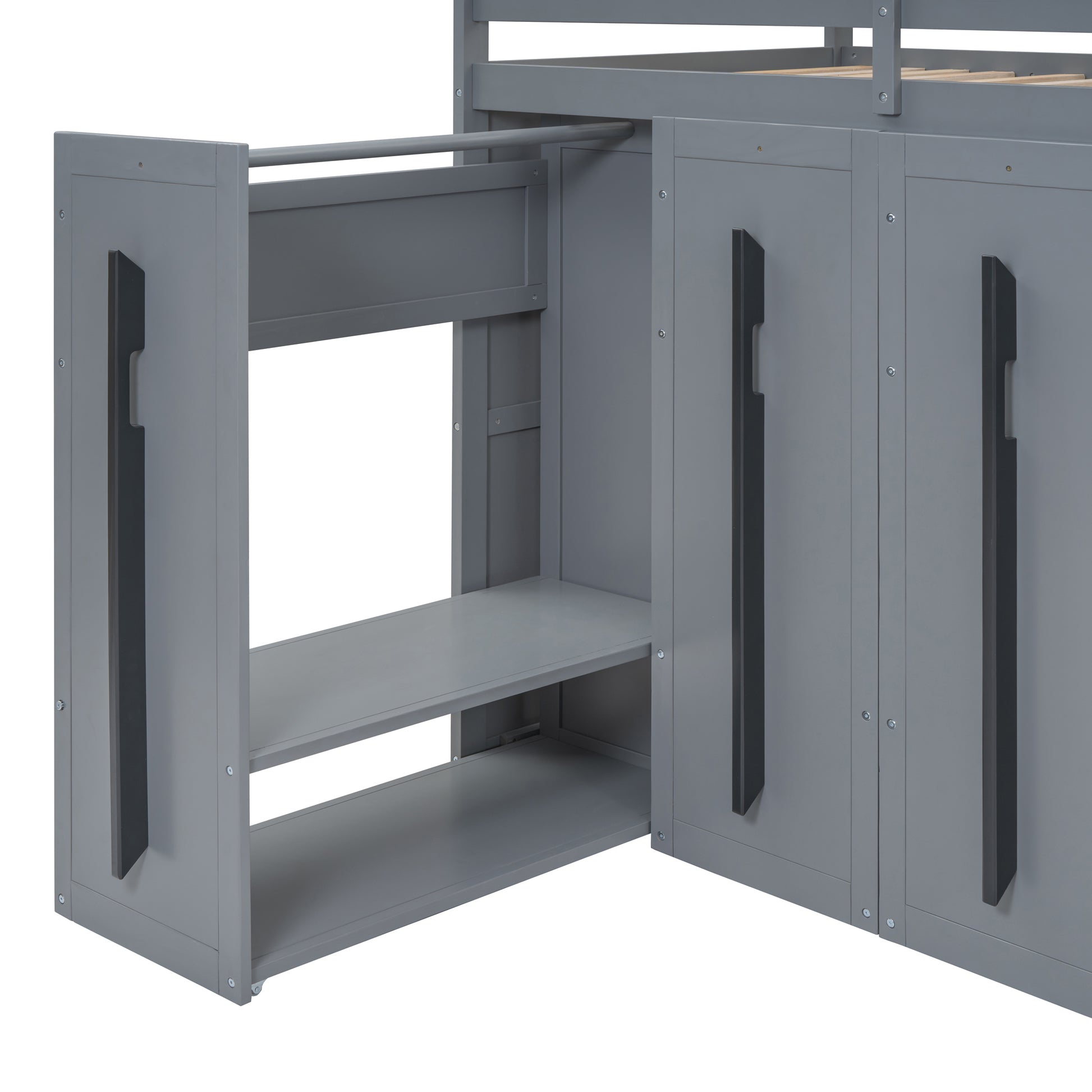 Modern Loft Bed With Two Tone Storage Stairs And Pull Out Wardrobes, Gray Twin Gray Solid Wood Mdf