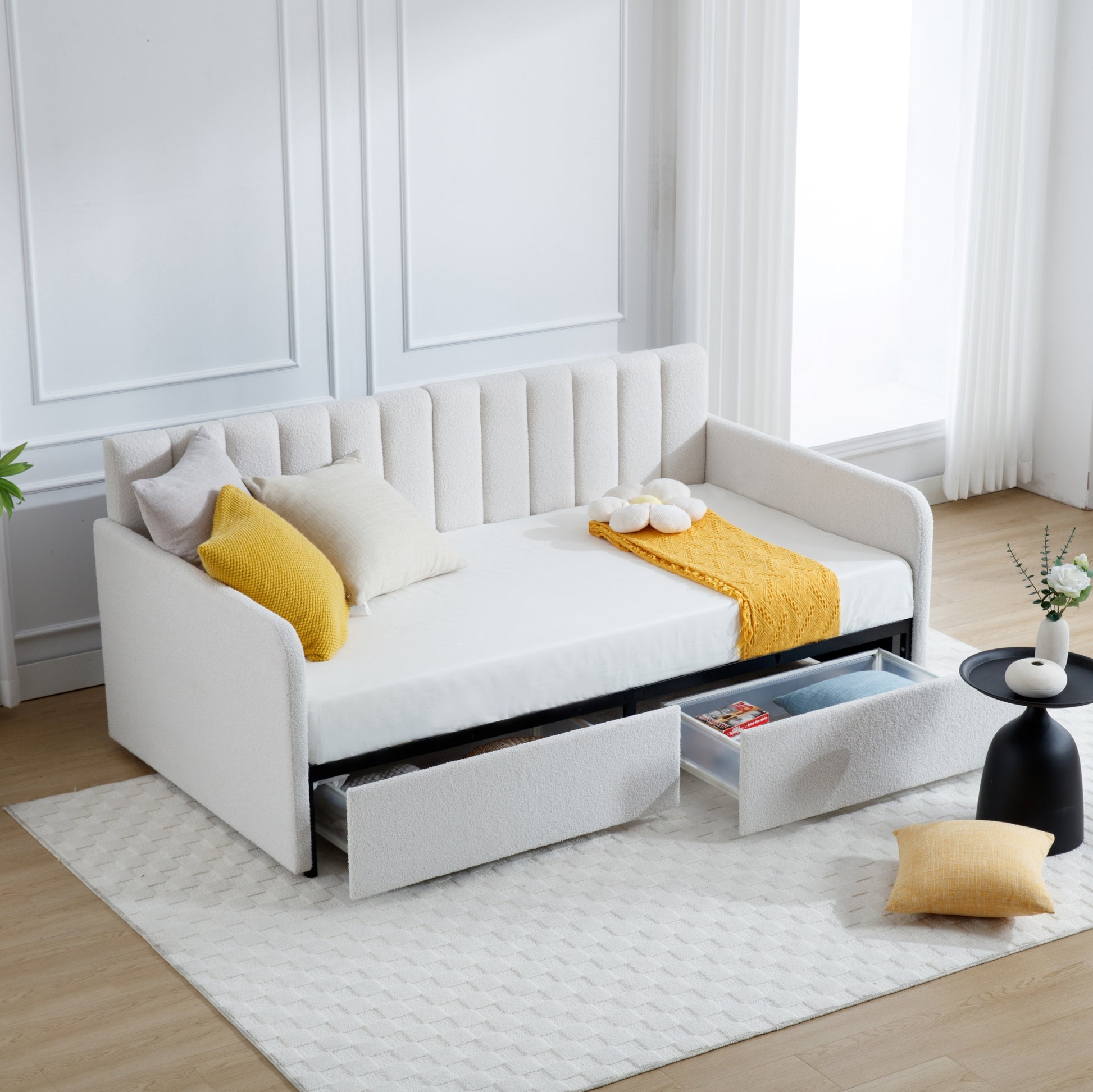 Flora Upholstered Daybed With 2 Drawers, Twin, Ivory Boucle, Ribbed Tufted Backrest, Daybed In Lavish Modern Design Box Spring Not Required Twin Ivory Metal Bedroom Classic,Contemporary,Minimalist,Traditional,Transitional Upholstered Upholstered