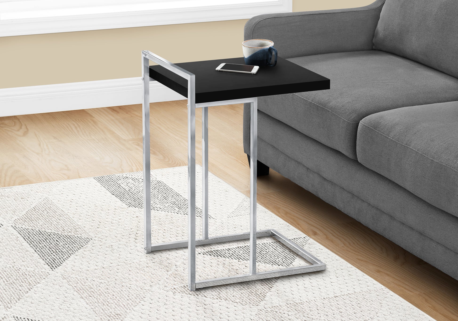 Accent Table, C Shaped, End, Side, Snack, Living Room, Bedroom, Black Laminate, Chrome Metal, Contemporary, Modern Black Particle Board