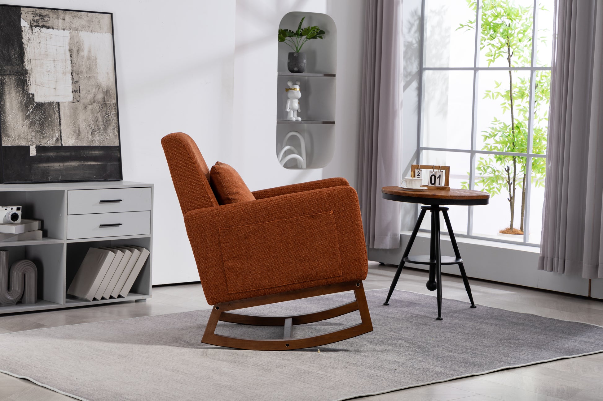 Mid Century Modern Accent Chair With Wood Frame, Upholstered Living Room Chairs With Waist Cushion, Reading Armchair For Bedroom Sunroom Brown Linen
