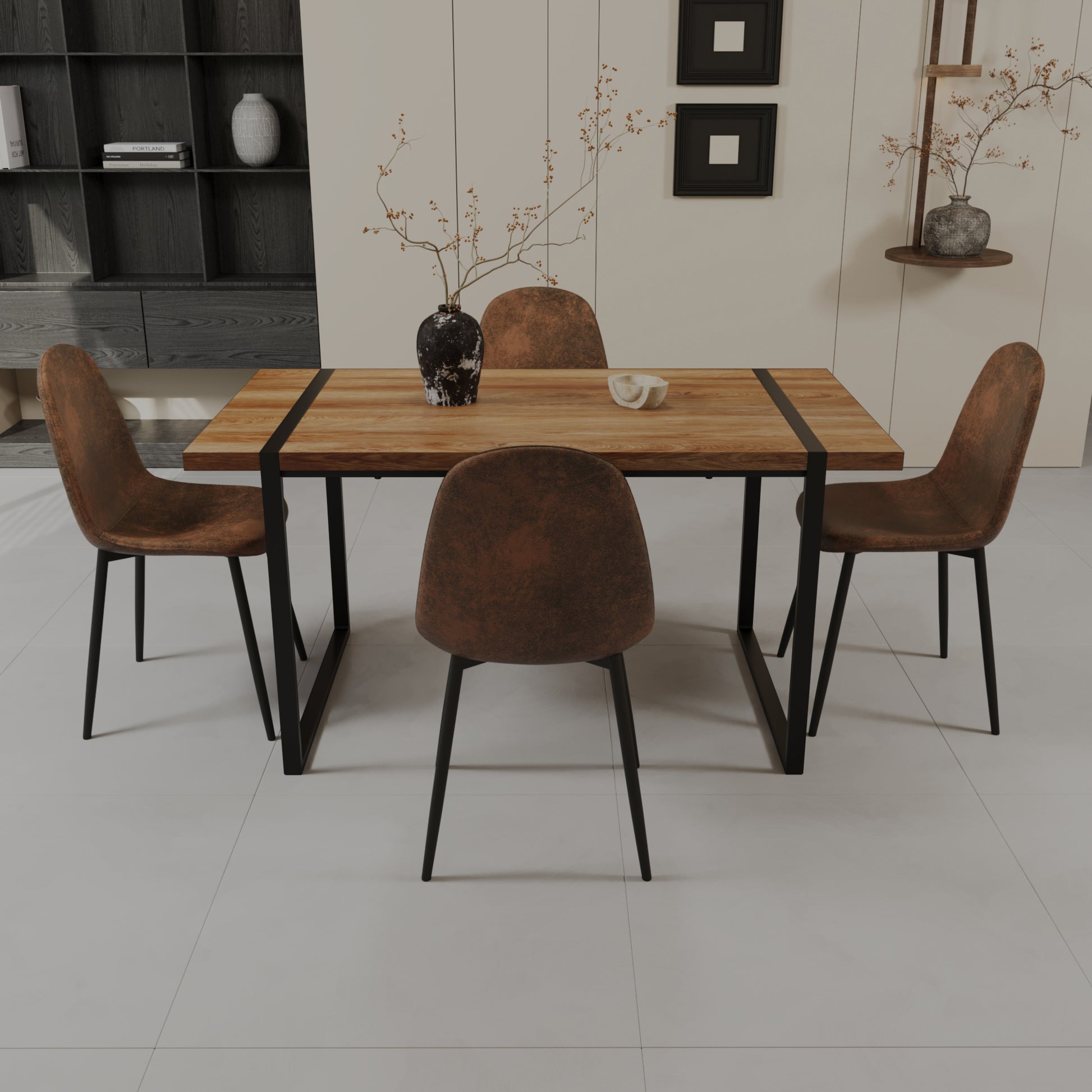 Mdf Natural Wood Dining Table And Modern Dining Chair Set Of 4 Pieces, Medieval Wooden Kitchen Dining Table Set, Black Rectangular Metal Base, Dining Table And Suede Chair Set Wood Mdf