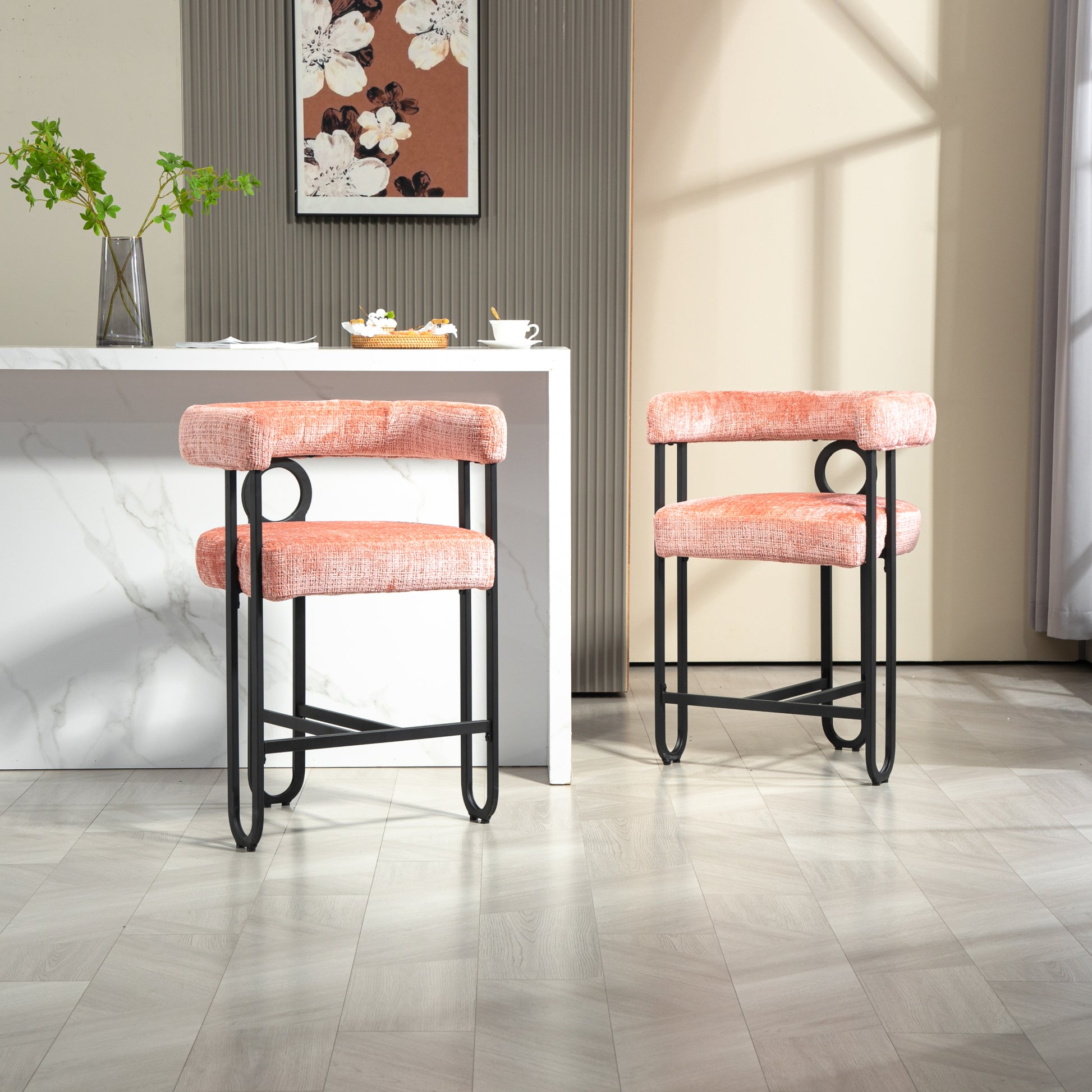 Coolmore Bar Stools Set Of 2, Modern Bar Stool With Back, Black Metal Frames, Upholstered Bar Stools For Kitchen Island, Pub, Club Pink Chenille Pink Dining Room Foam Chenille