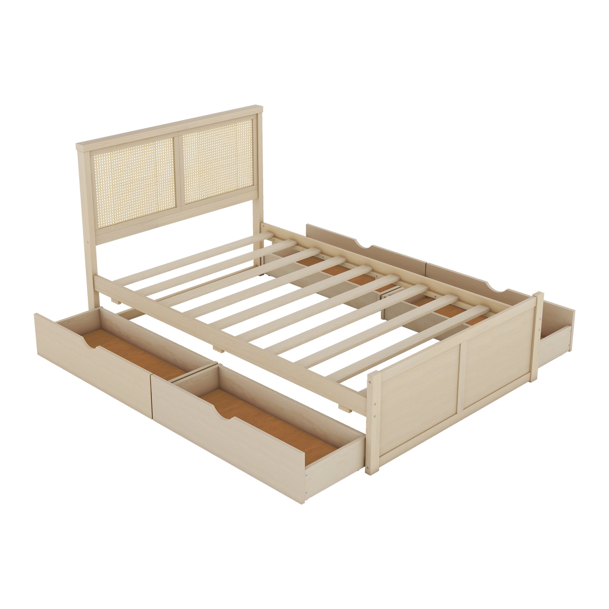 Full Size Wood Storage Platform Bed With 4 Drawers, Rattan Headboard, Nature Box Spring Not Required Full Antique Natural Wood Bedroom Bed Frame Wood Rattan