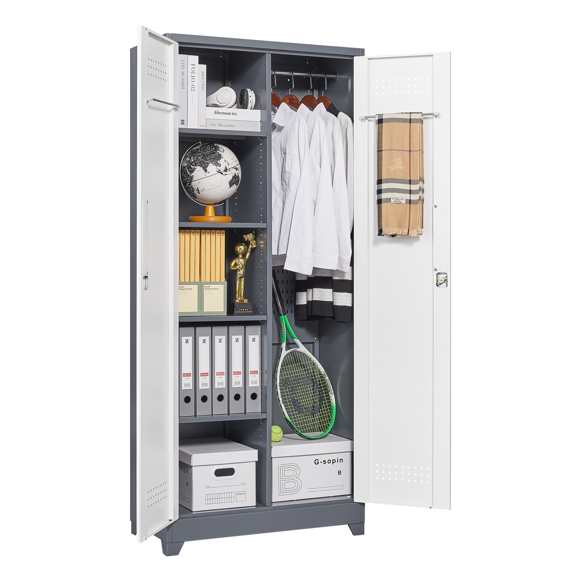 Metal Storage Cabinets, Cleaning Tool Cabinet With Locking Door, Tall Broom Tool Organizer And Storage, Large Storage Cabinet For Kitchen, Pantry, Office, Shop 3 4 Shelves Grey White Door Locks Modern Metal