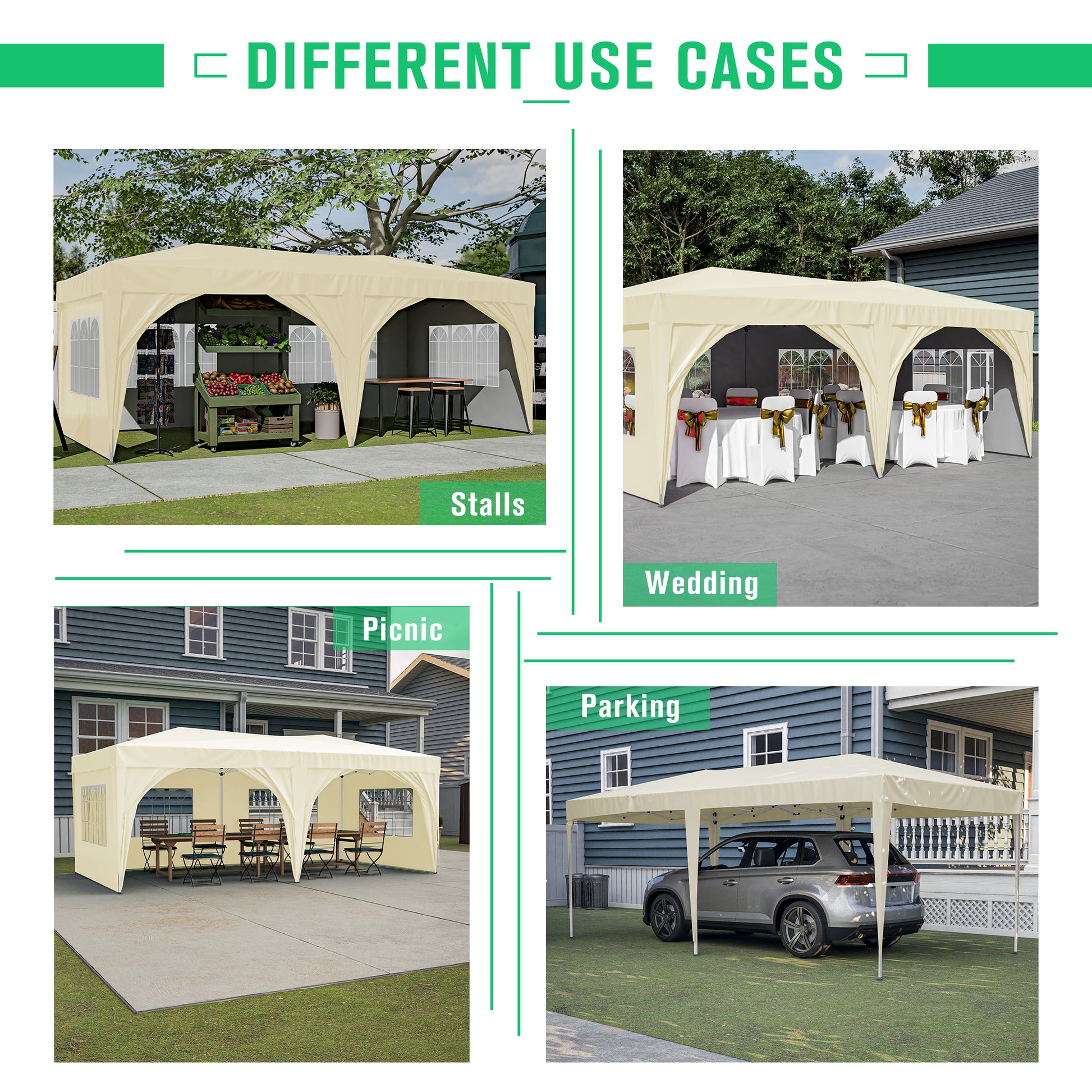 10'X20' Pop Up Canopy Tent With 6 Sidewalls, Ez Pop Up Outdoor Canopy For Parties, Waterproof Commercial Tent With 3 Adjustable Heights, Carry Bag, 6 Sand Bags, 6 Ropes And 12 Stakes, Beige Beige Metal