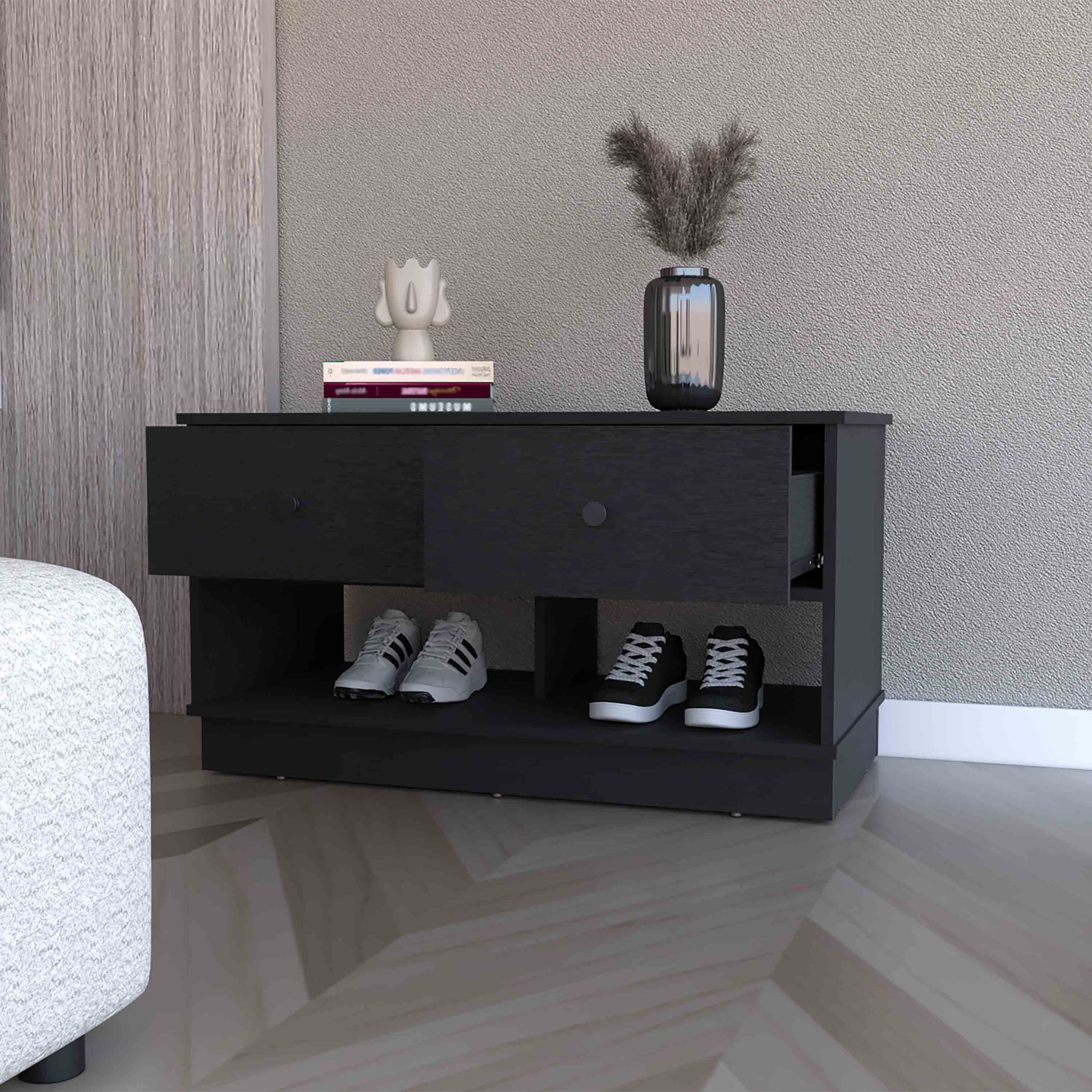 Tulip Storage Bench, Two Drawers, Two Shelves Black Mdf Engineered Wood