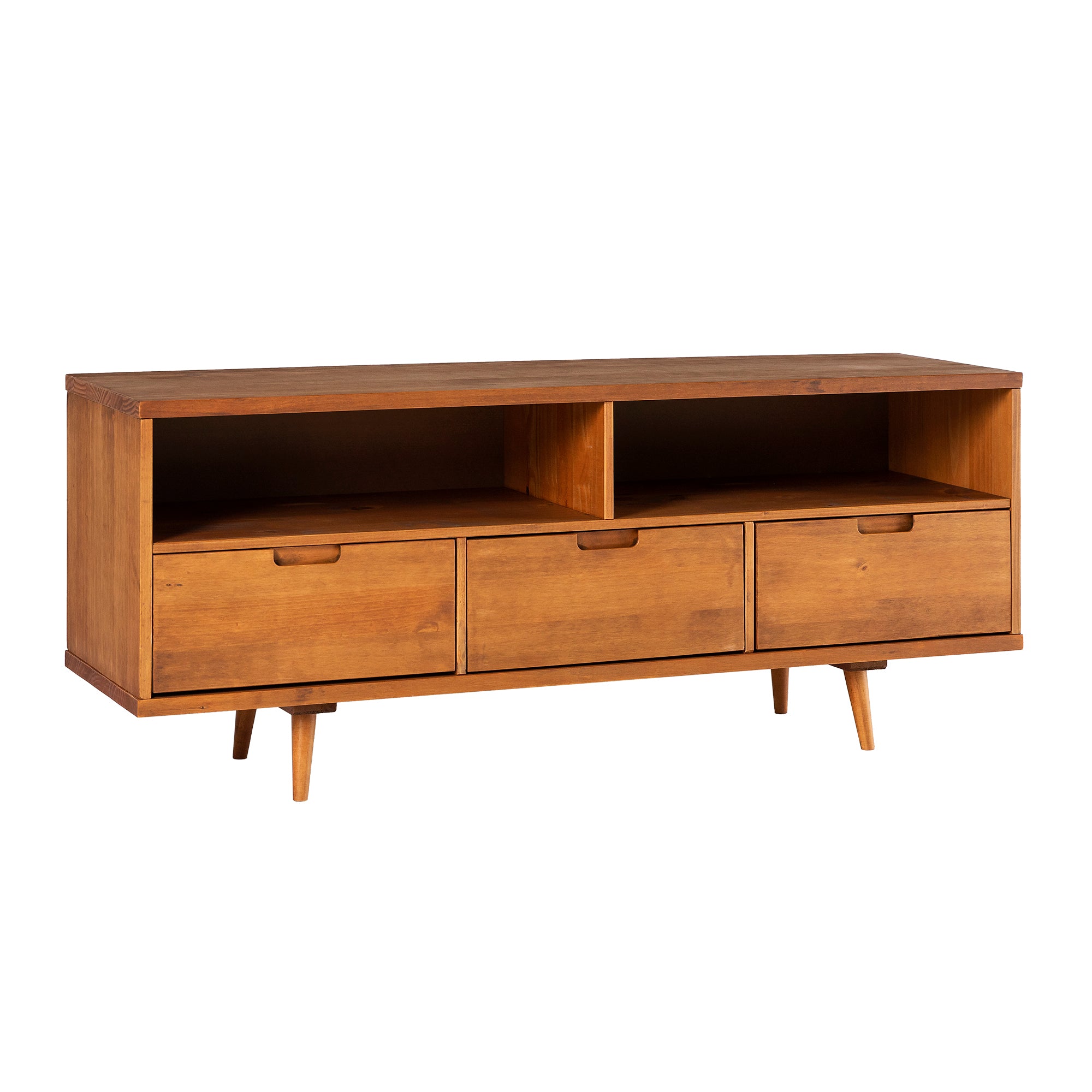 Mid Century Modern Solid Wood 3 Drawer 58" Tv Stand For 65" Tvs With 2 Open Cubbies Caramel Caramel Pine