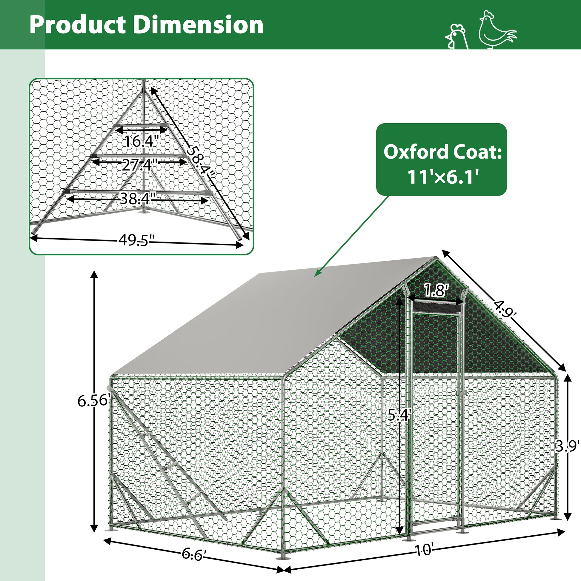 10 Ft. X 6.6 Ft. Large Metal Walk In Chicken Coop Galvanized Poultry Cage With Roosting Bar Farm Hen House Silver Metal