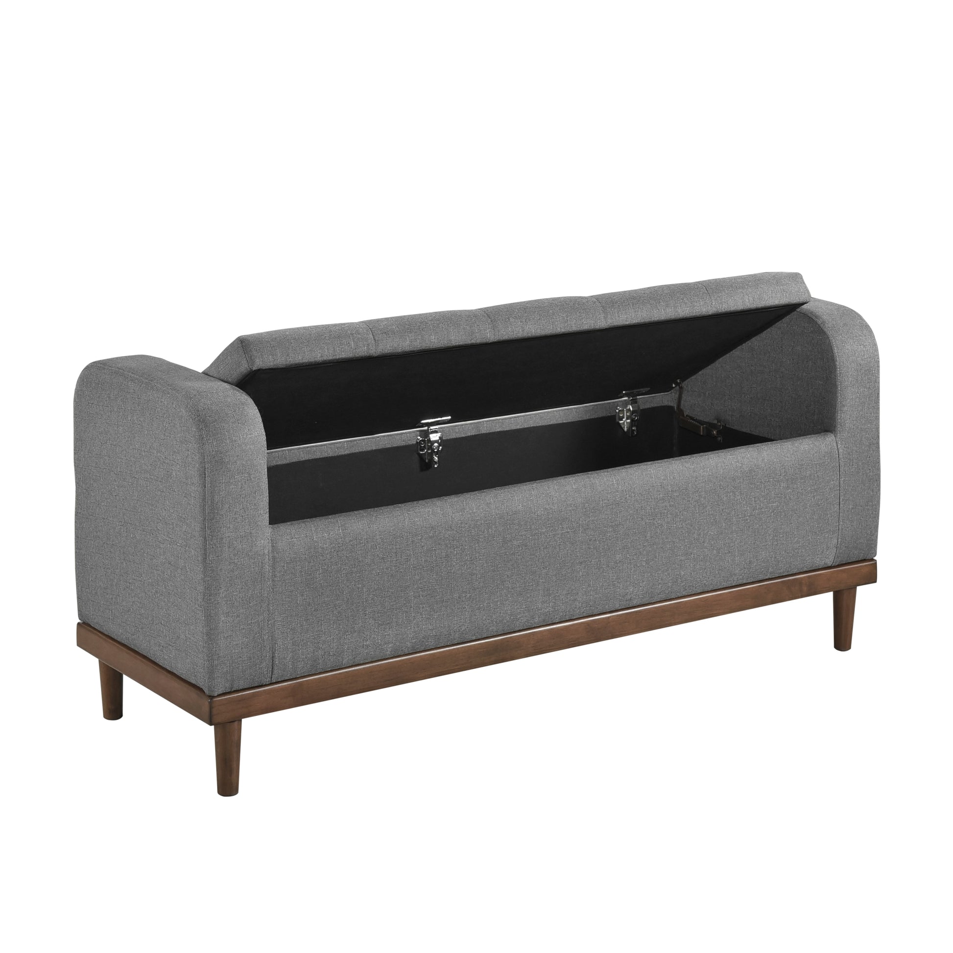 Mid Century Modern Lift Top Storage Bench 1Pc Tufted Gray Upholstered Solid Wood Walnut Finish Wooden Furniture Gray Bedroom Mid Century Modern Flip Top Wood