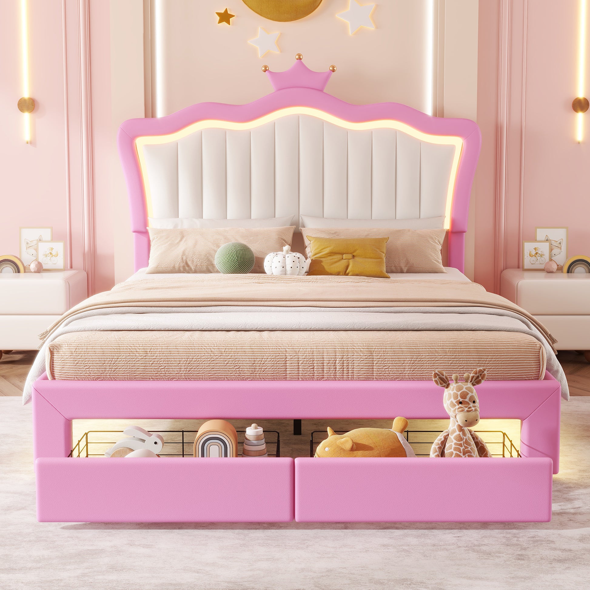 Full Size Upholstered Bed Frame With Led Lights, Modern Upholstered Princess Bed With Crown Headboard, 2 Drawers, Pink White Box Spring Not Required Full Pink White Wood Bathroom Modern Bed Frame Pu