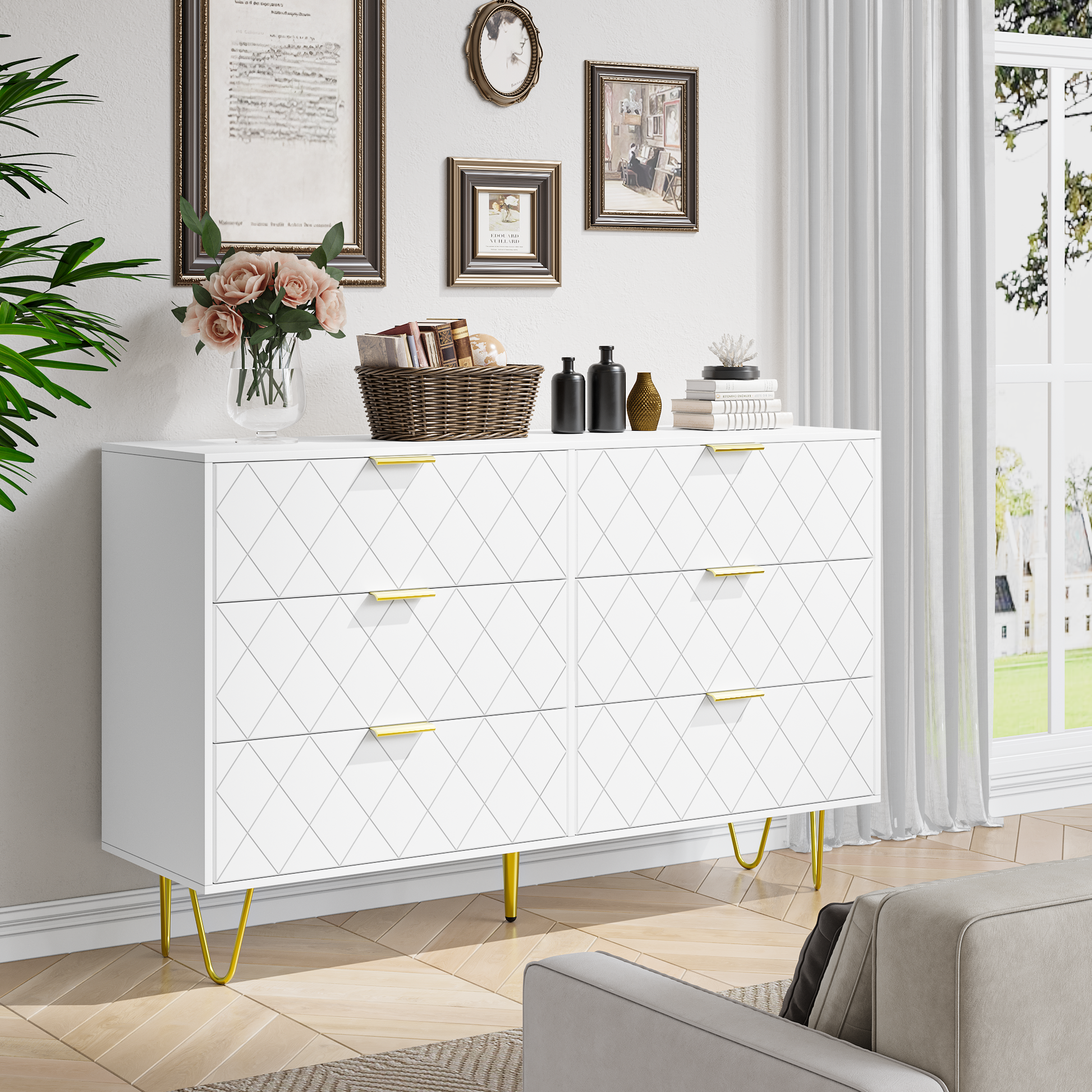 Modern White 6 Drawers For Bedroom,Big Size Wooden Drawers With Gold Handles, Chest Dresser With Deep Drawers For Living Room White Mdf