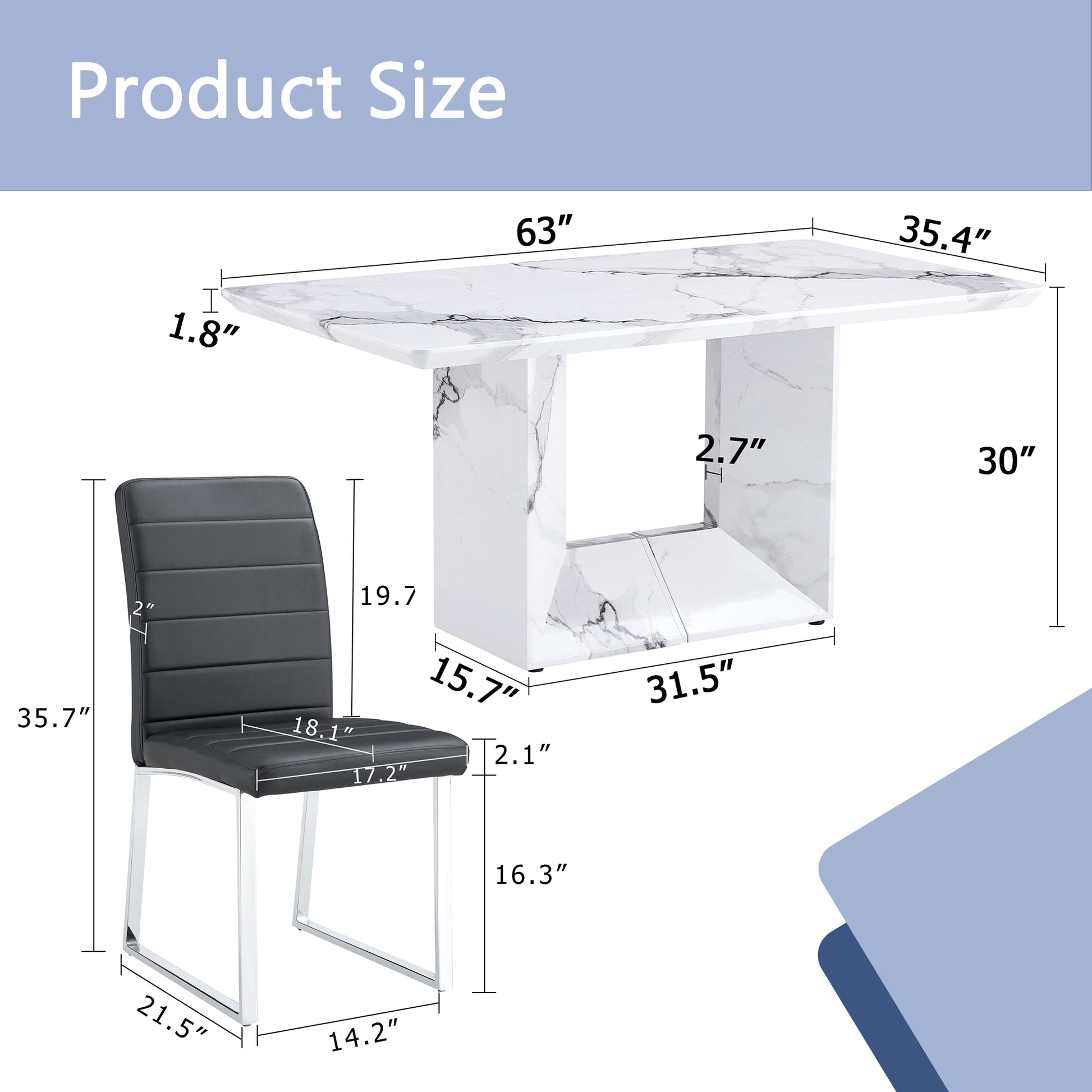 Table And Chair Set.63"X35.4" White Marble Patterned Mdf Dining Table Set With 4 Armless Black Pu Chairs.The Backrest Of The Dining Chair Is Designed With Multiple Horizontal Stripes. Black Seats 4