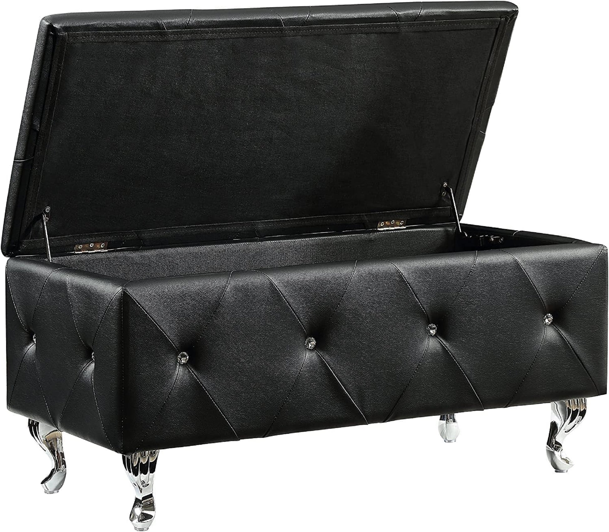 1Pc Glam 38 Inches Storage Ottoman Bench For Upholstered Tufted Black Faux Leather Organizer Bedroom Living Room Entryway Hallway Tufted Black Faux Leather Primary Living Space Solid Black Glam,Modern Foam Faux Leather