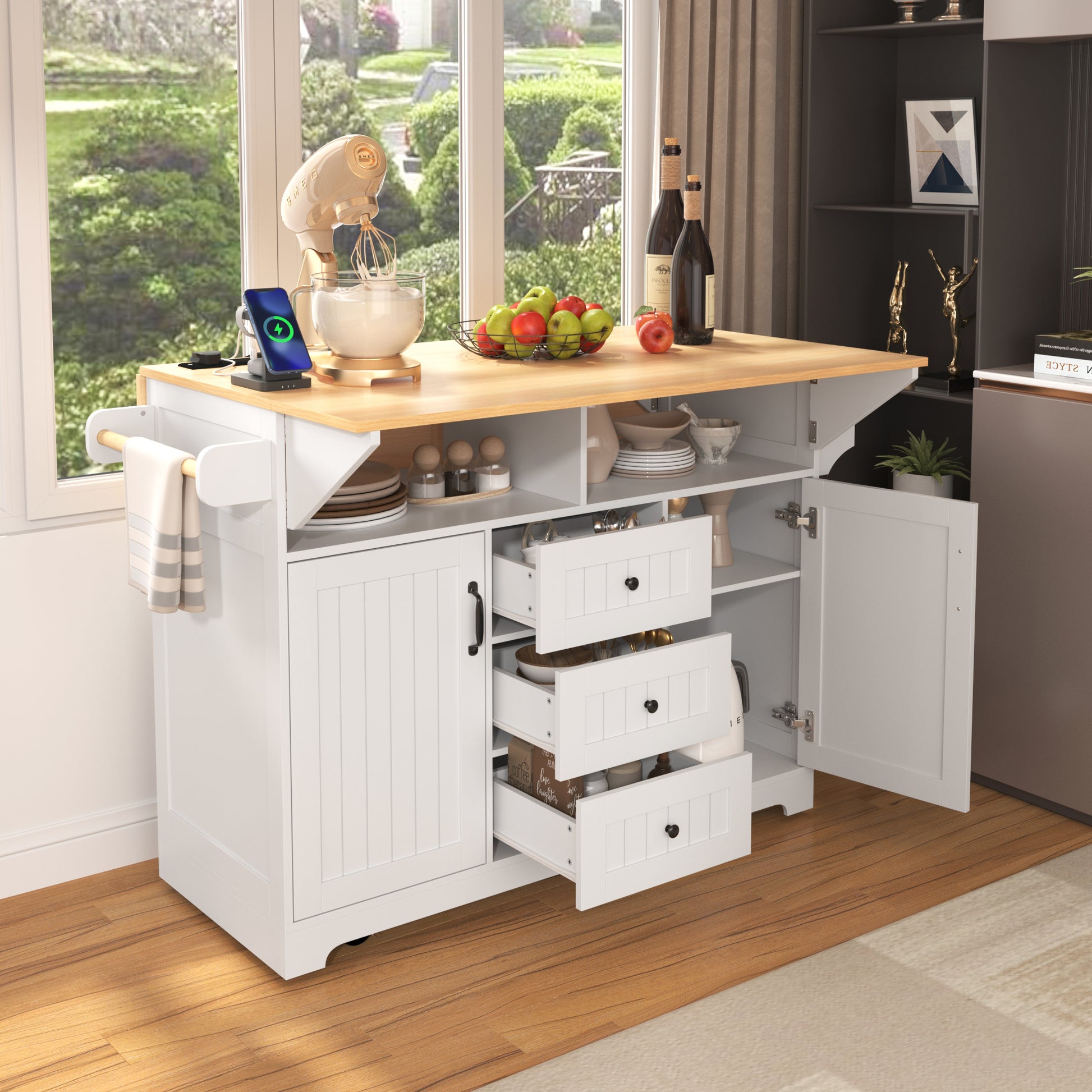 K&K 55.7'' Large Kitchen Island With 2 Drop Leaf, Rolling Kitchen Cart On 5 Wheels With Power Outlet, Folding Storage Dining Table With Spice & Towel Rack3 Drawers, For Kitchen, Dining Room,White White White Kitchen Classic,Farmhouse,Luxury,Modern