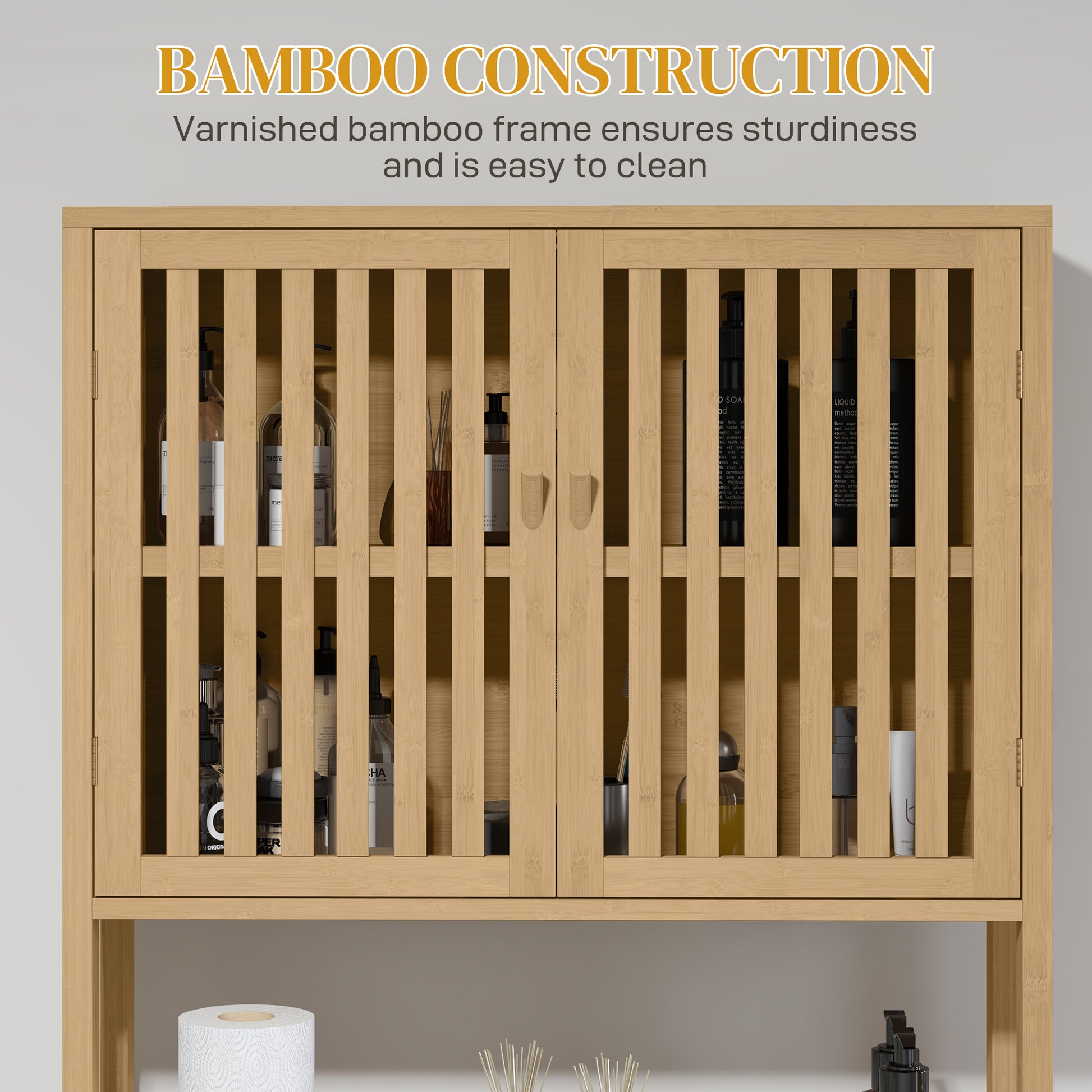 Homcom Bamboo Over The Toilet Storage Cabinet, Over Toilet Bathroom Organizer With Slatted Doors, Adjustable Shelf And Open Shelf, Natural Natural Wood Bamboo