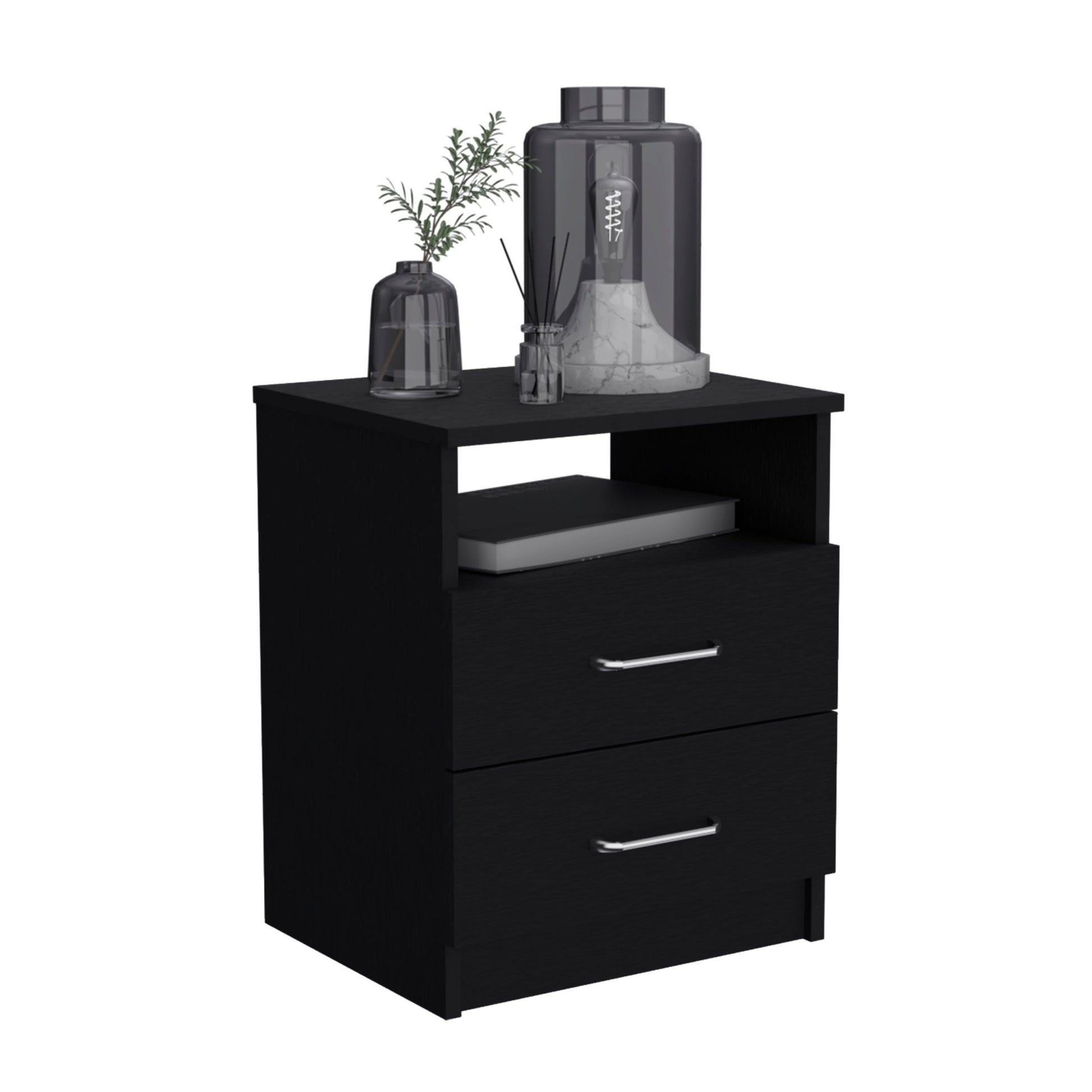 Nightstand 20"H, Two Drawers, One Shelf, Superior Top, Black Black Particle Board Particle Board