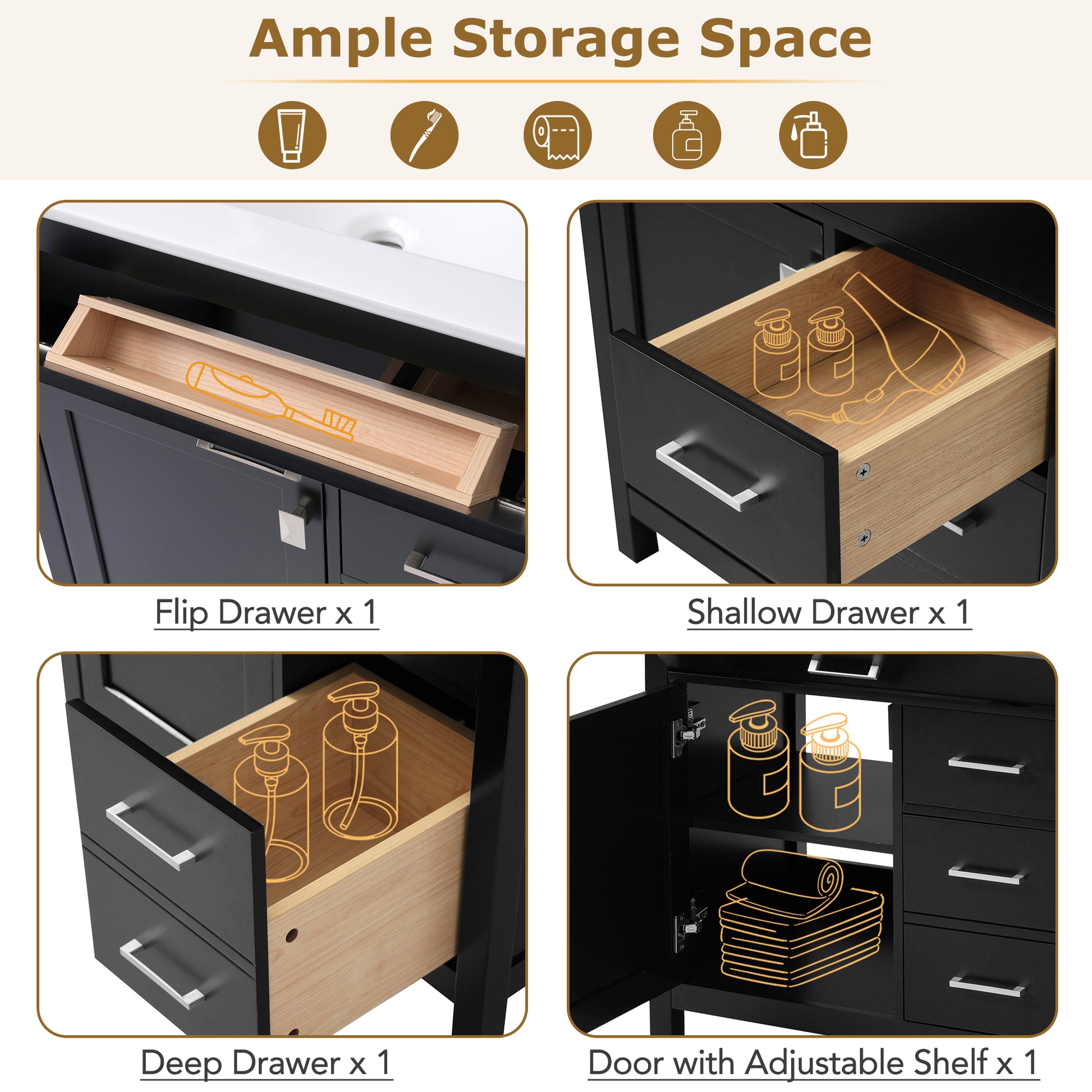 30 Inch Black Bathroom Vanity With Ceramic Sink And Large Storage Ideal Choice For Small Bathrooms Black Bathroom Solid Wood Mdf