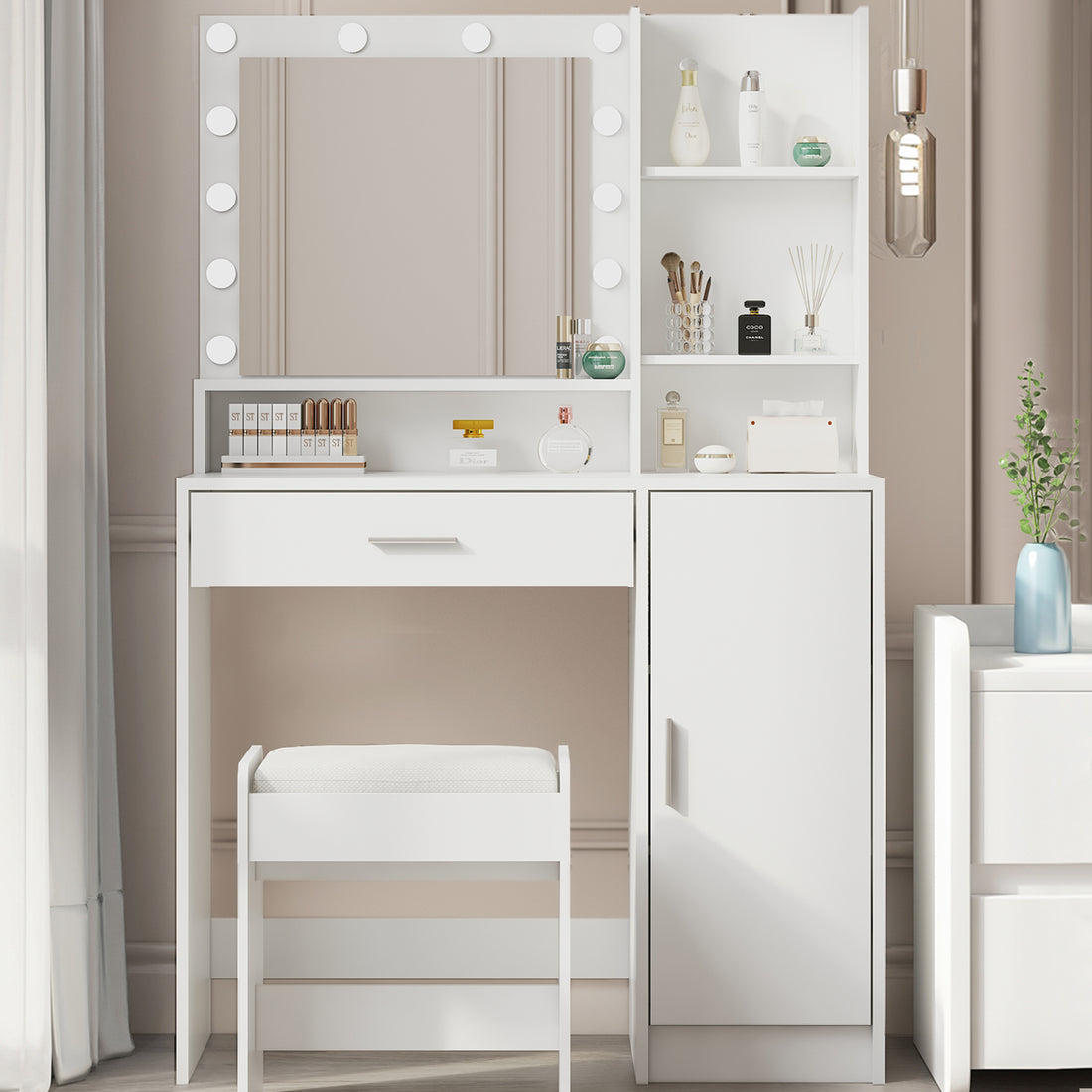 Vanity Desk With Mirror & Light, Large Drawer Three Level Storage Dresser, 3 Lighting Modes Adjustable Brightness, Bedroom Dressing Table White With Stool White Particle Board