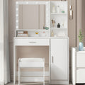 Vanity Desk With Mirror & Light, Large Drawer Three Level Storage Dresser, 3 Lighting Modes Adjustable Brightness, Bedroom Dressing Table White With Stool White Particle Board