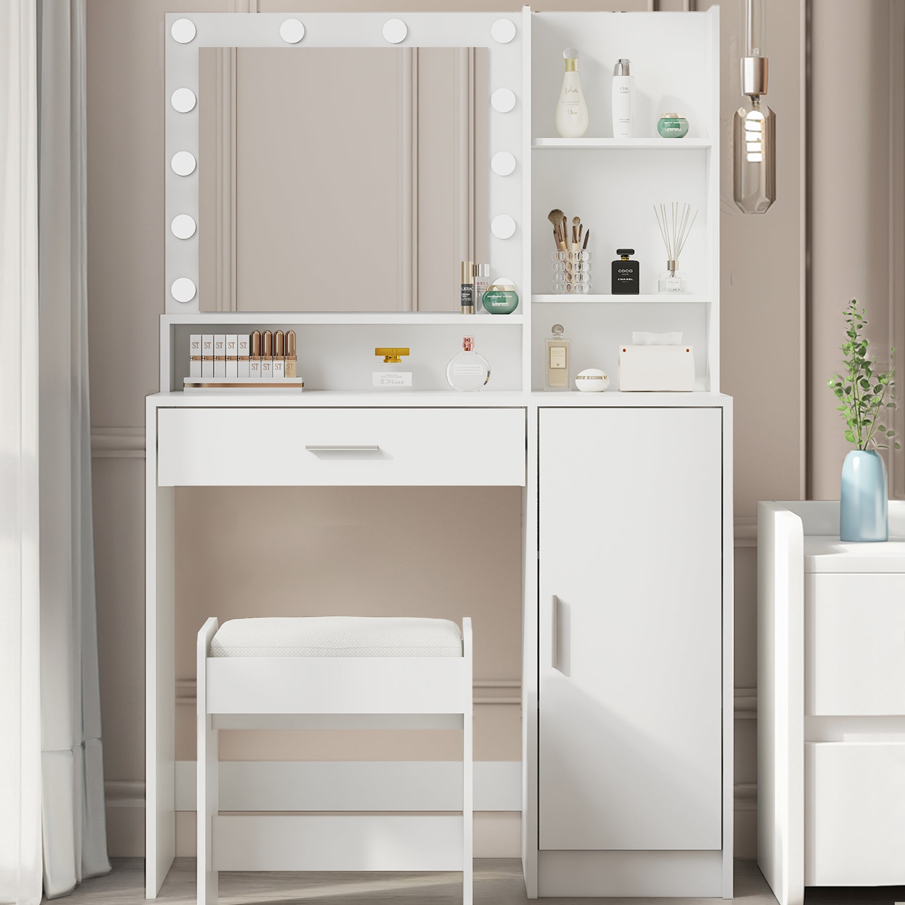 Vanity Desk With Mirror & Light, Large Drawer Three Level Storage Dresser, 3 Lighting Modes Adjustable Brightness, Bedroom Dressing Table White With Stool White Particle Board