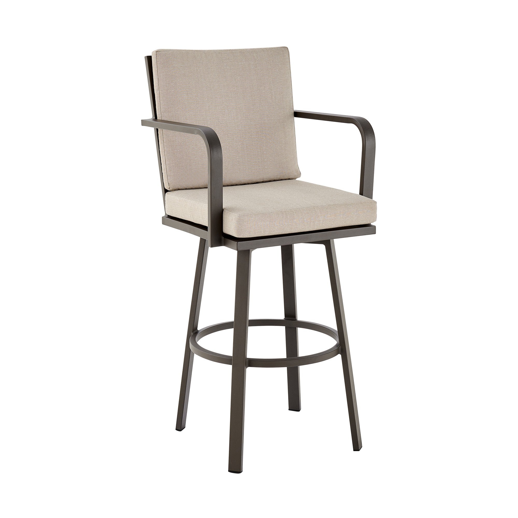 Faye 30 Inch Modern Patio Barstool, Brown Aluminum Frame, Beige Cushions Brown Aluminium