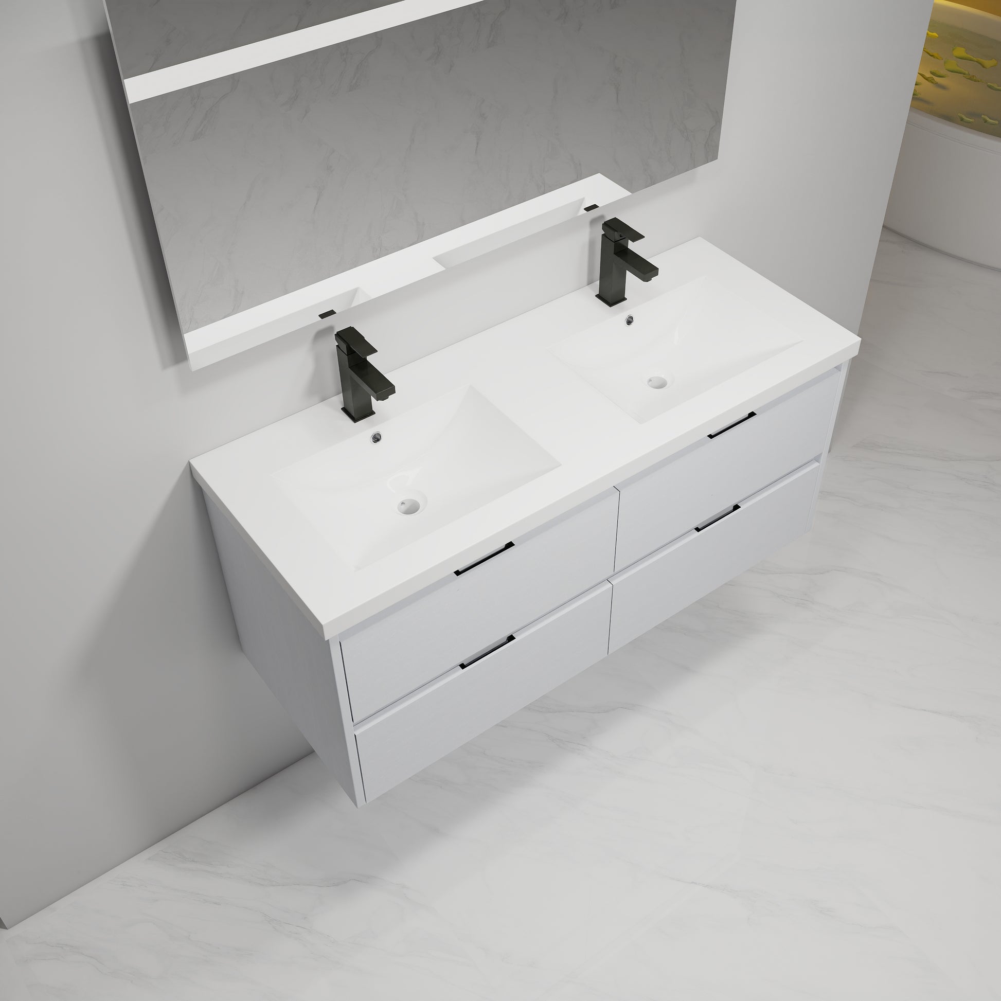 48 Inch Bathroom Vanity With Dual Sink, Resin Sink, 4 Soft Close Drawers, 48X18 4 White Straight Grain Bathroom Wall Mounted Modern Plywood