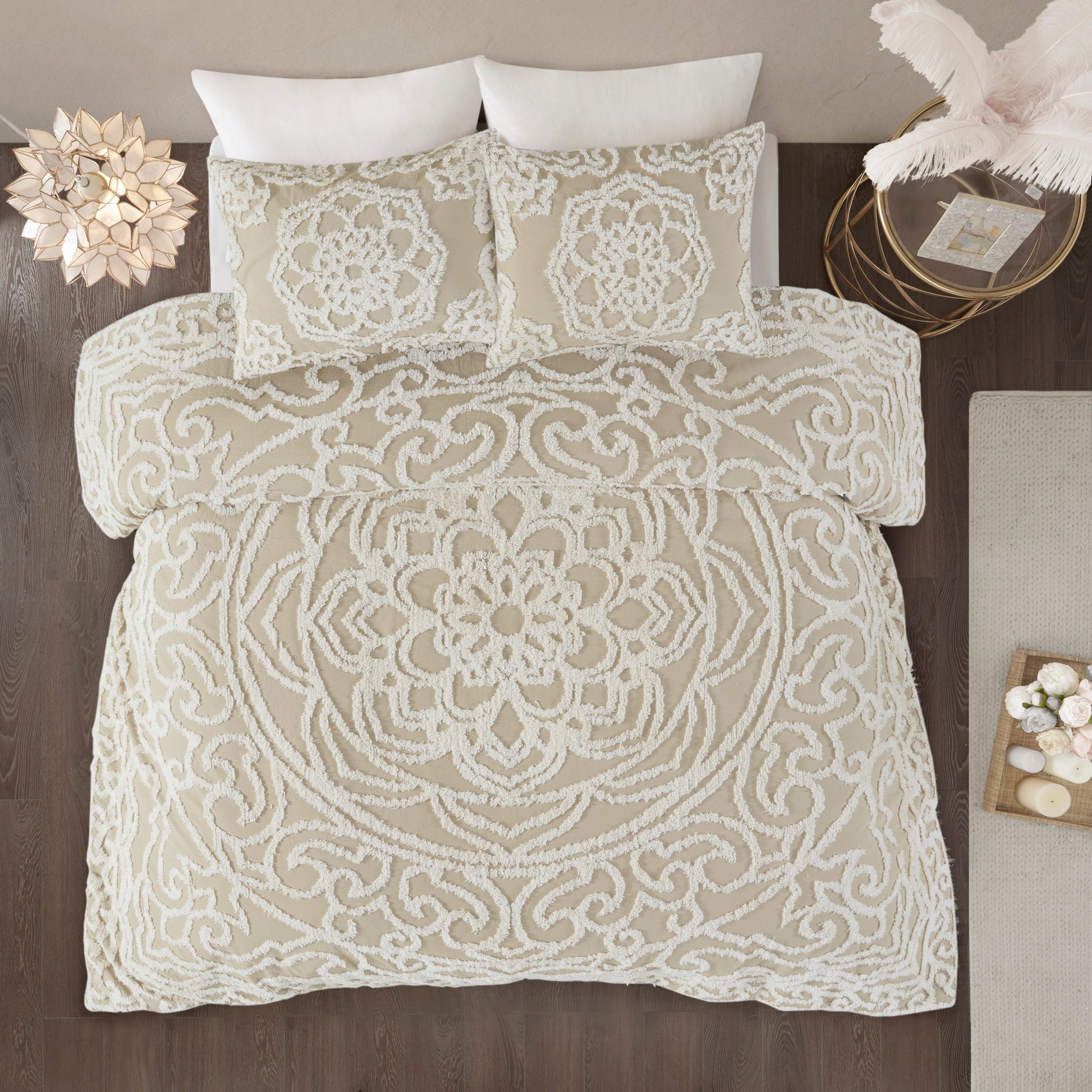 Tufted Cotton Chenille Medallion Comforter Set Taupe King Cal King King Taupe Polyester