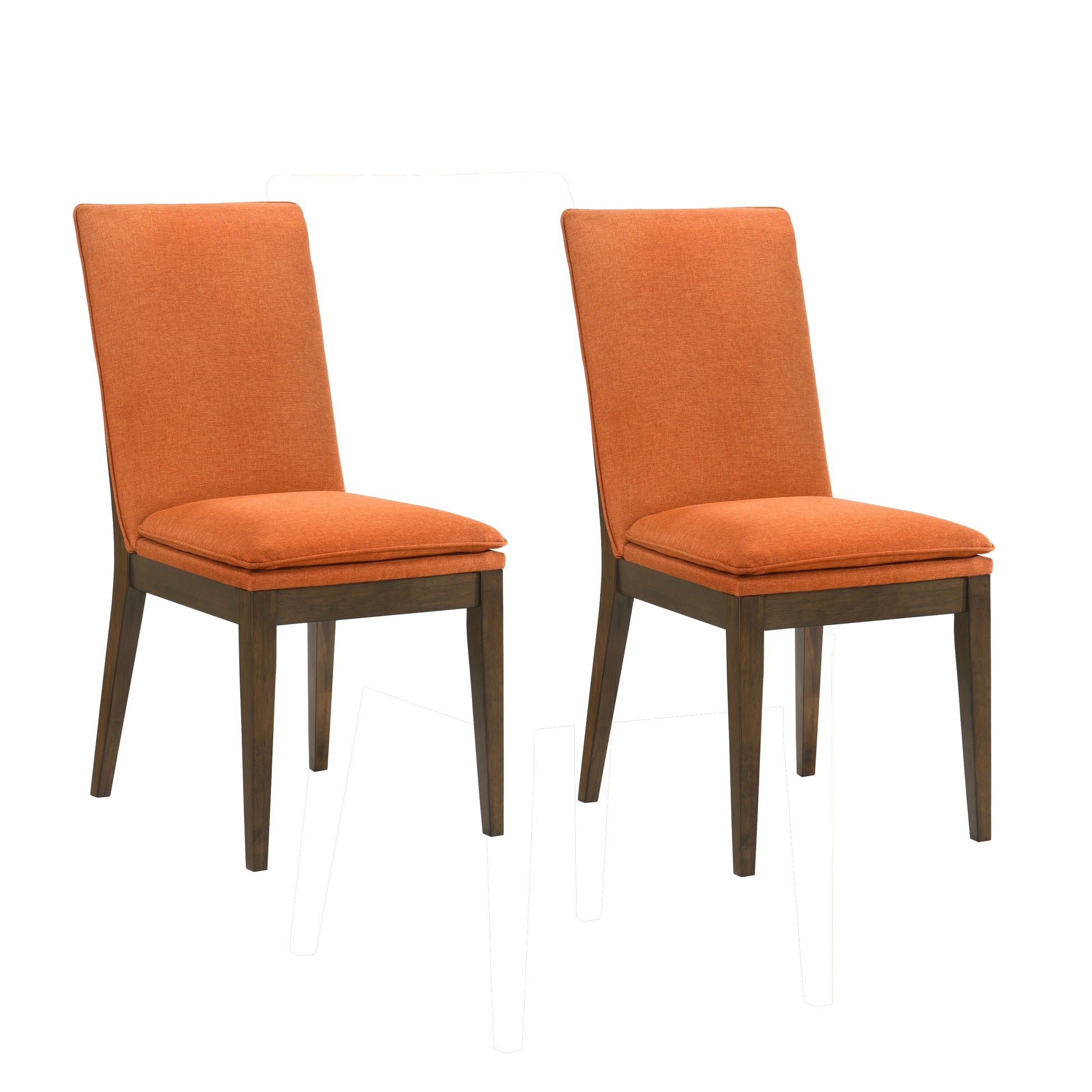 Kiq 26 Inch Set Of 2 Dining Chairs, Walnut Brown Rubberwood Frame, Orange Orange Wood Fabric