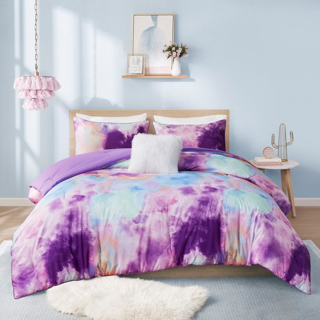 Watercolor Tie Dye Printed Comforter Set With Throw Pillow Twin Multicolor Polyester