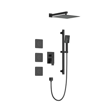 Wall Mounted Shower System In Matte Black With Shower Head, Handheld Shower, 3 Body Jets Matte Black Brass Brass