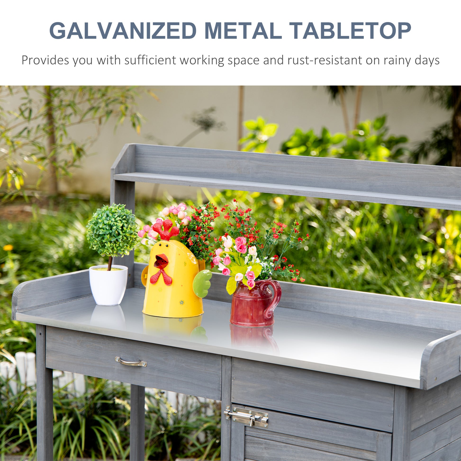 Outsunny Outdoor Potting Bench Table, Garden Work Station With Storage Cabinet, Open Shelf And Steel Tabletop, Gray Gray Wood